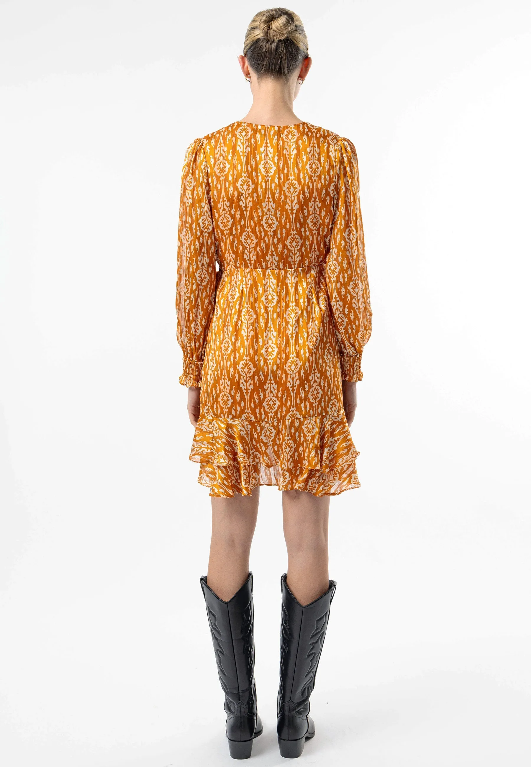 (5p. Pack) Long Sleeve Ruffle Hem Mini Wrap Dress in Orange Print
