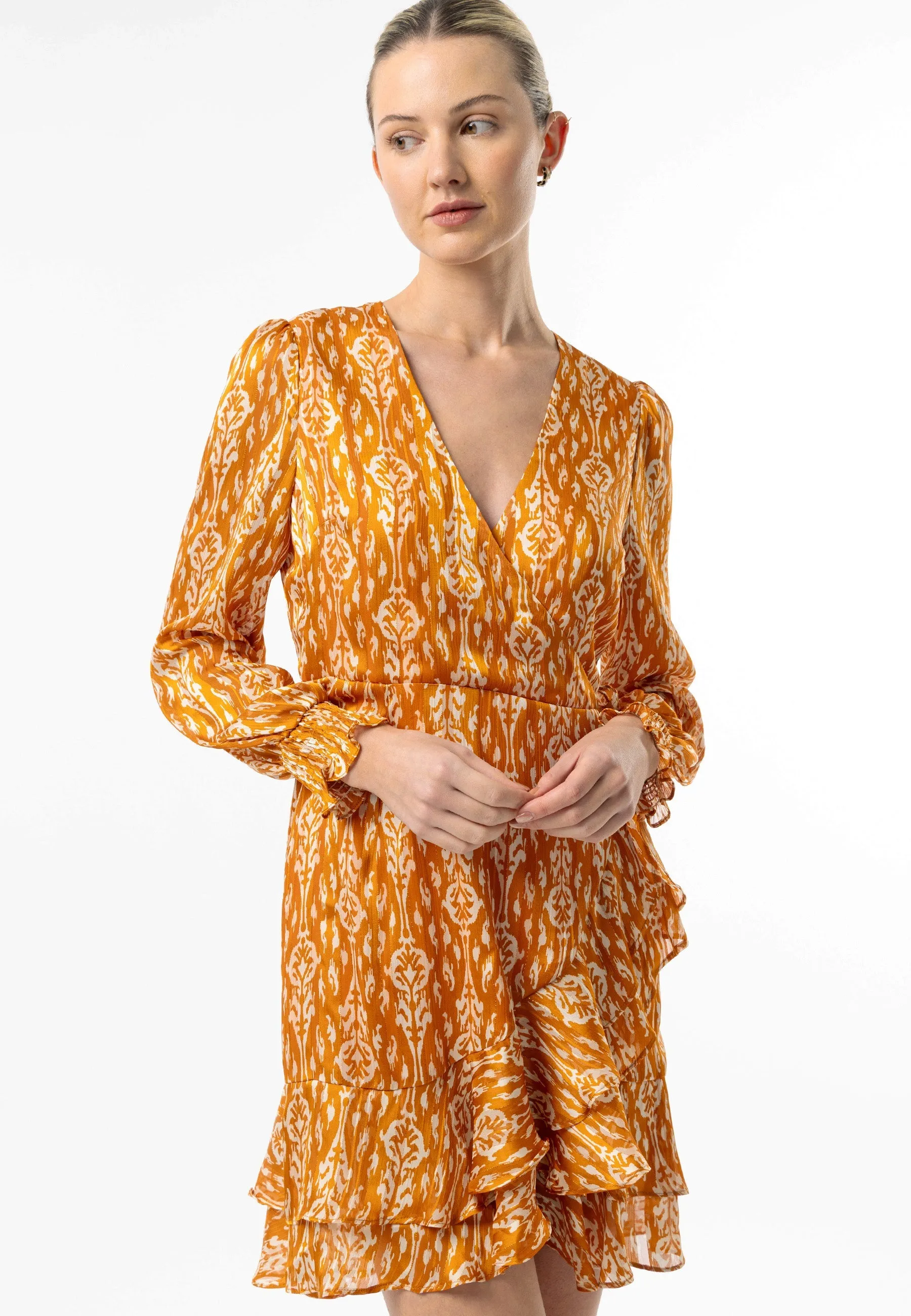 (5p. Pack) Long Sleeve Ruffle Hem Mini Wrap Dress in Orange Print