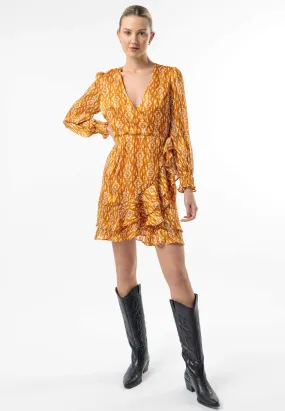 (5p. Pack) Long Sleeve Ruffle Hem Mini Wrap Dress in Orange Print