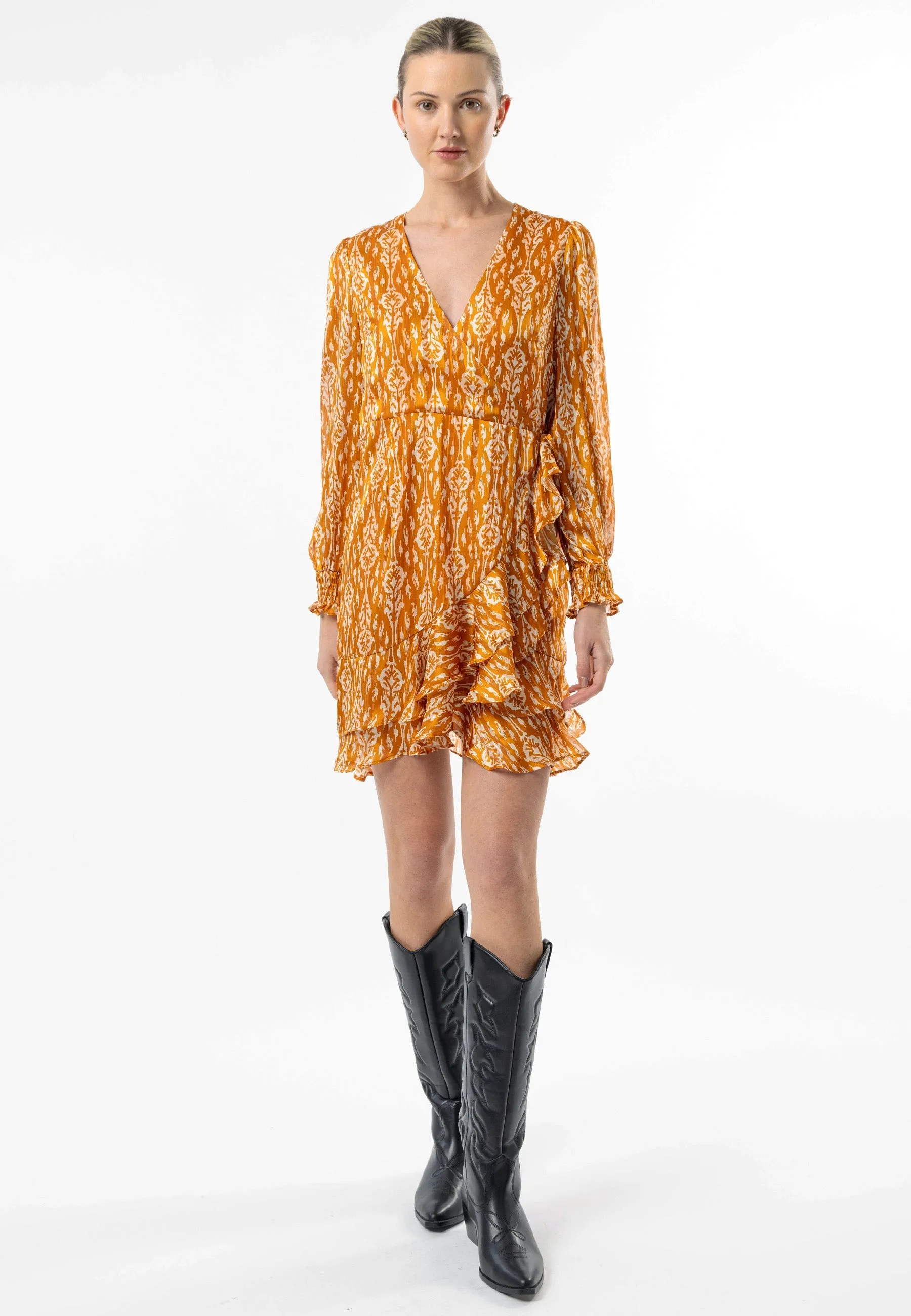 (5p. Pack) Long Sleeve Ruffle Hem Mini Wrap Dress in Orange Print