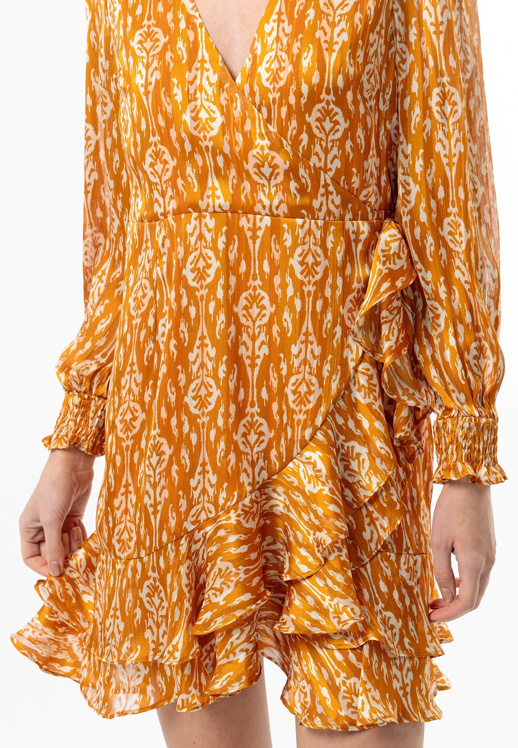 (5p. Pack) Long Sleeve Ruffle Hem Mini Wrap Dress in Orange Print