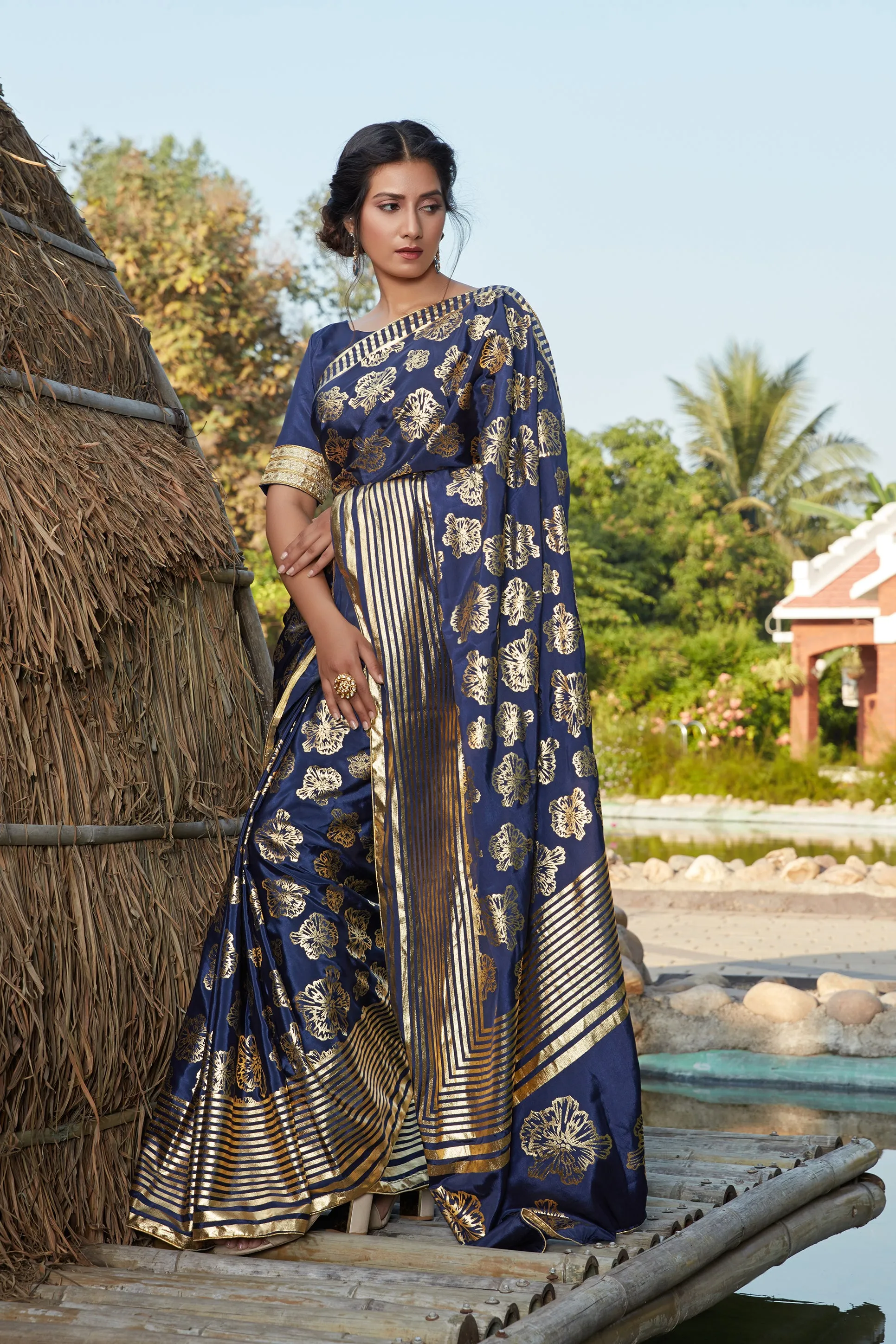 Agreeable Navy Blue Woven Banarasi Silk Party Wear Saree