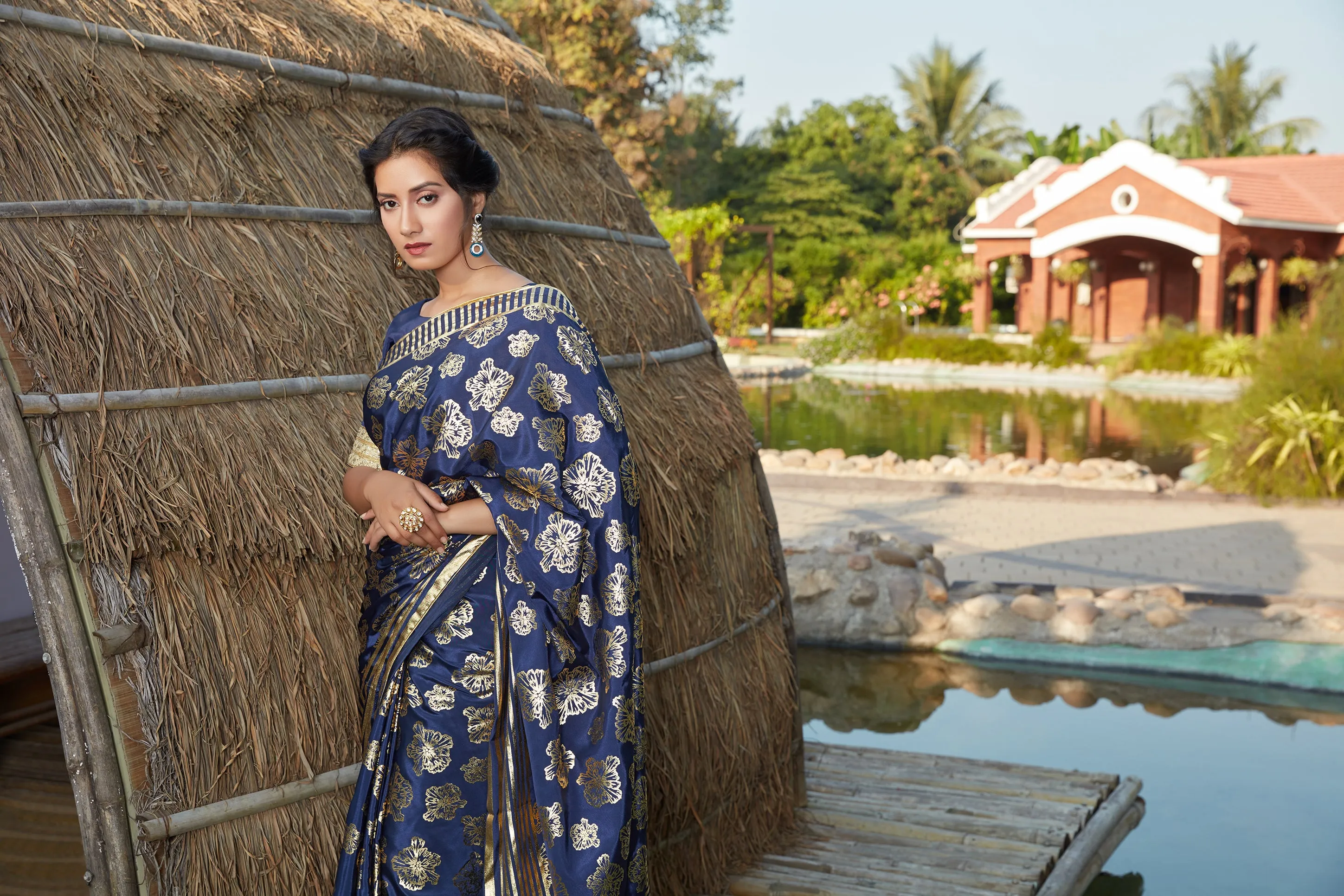 Agreeable Navy Blue Woven Banarasi Silk Party Wear Saree