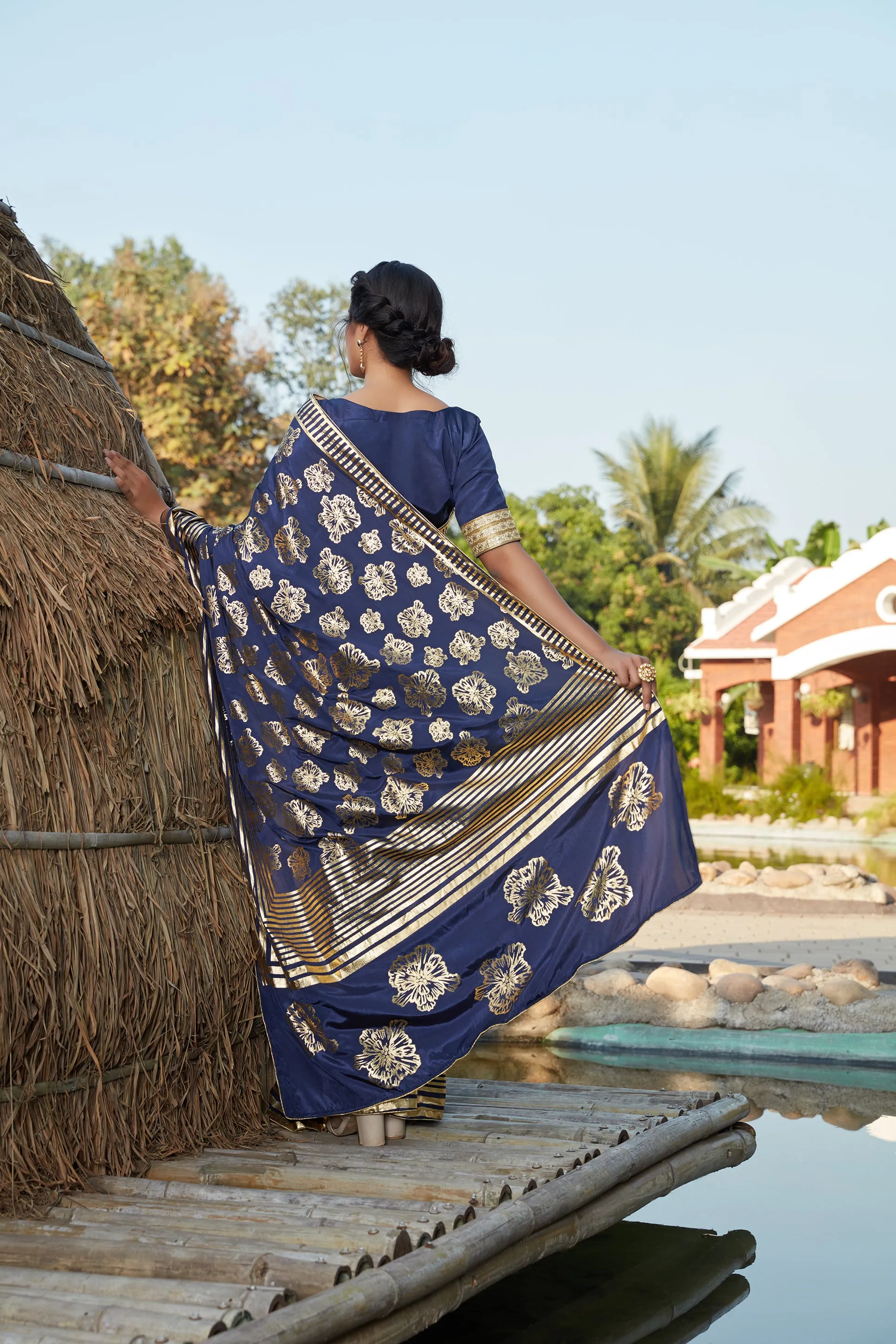 Agreeable Navy Blue Woven Banarasi Silk Party Wear Saree
