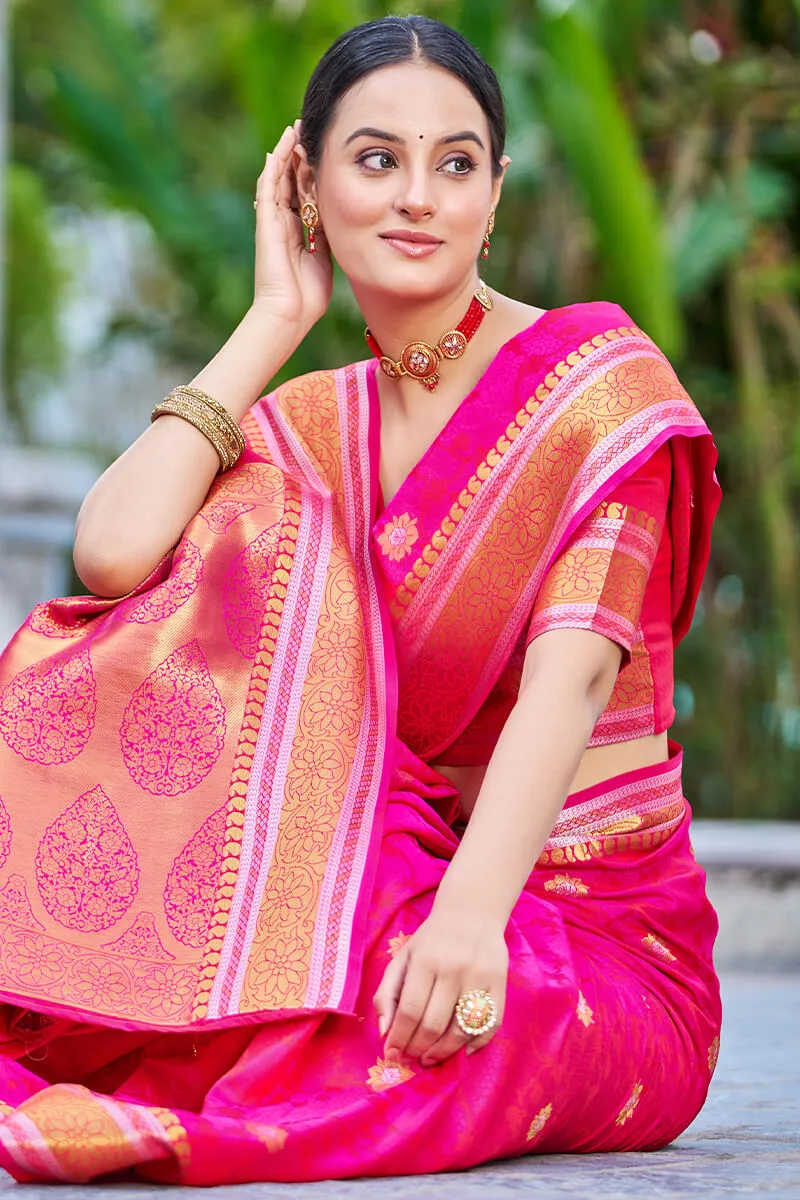 Appealing Dark Pink Kanjivaram Silk Saree With Ideal Blouse Piece