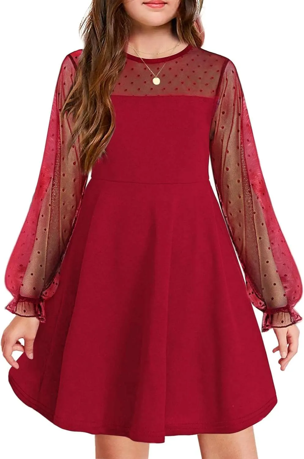 Arshiner Girl's Contrast Mesh Puff Long Sleeve High Waist A Line Short Dress with Pockets for 6-13 Years