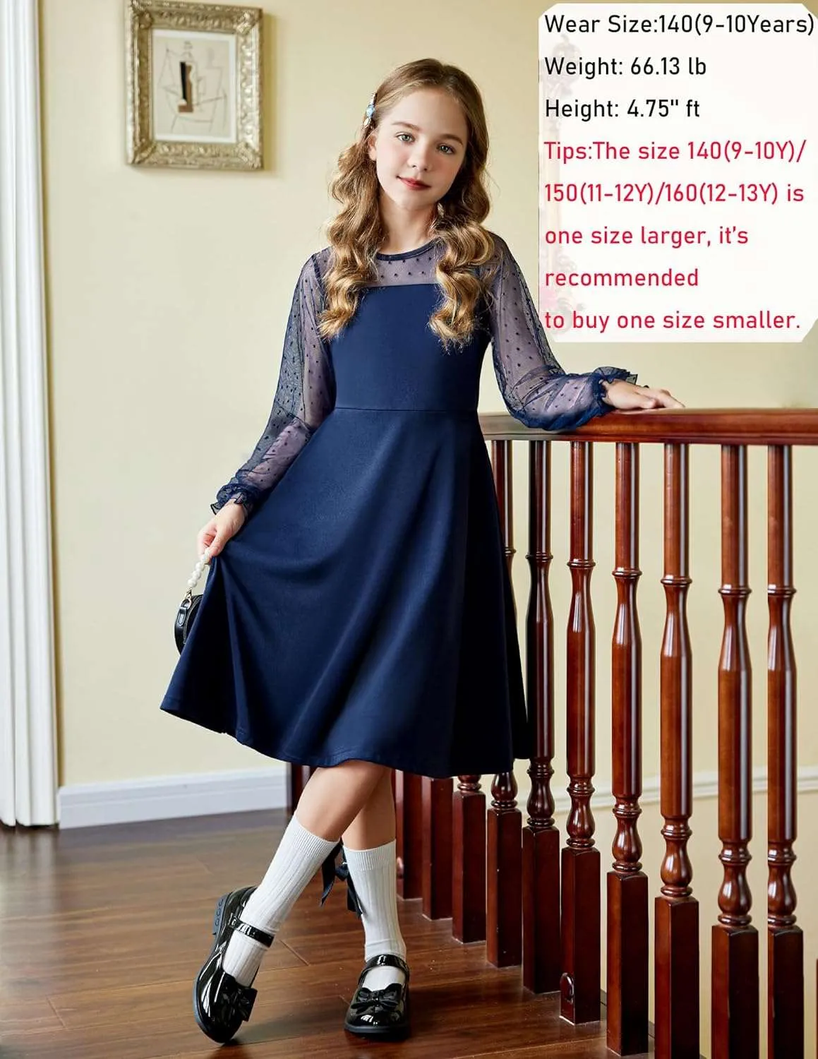 Arshiner Girl's Contrast Mesh Puff Long Sleeve High Waist A Line Short Dress with Pockets for 6-13 Years