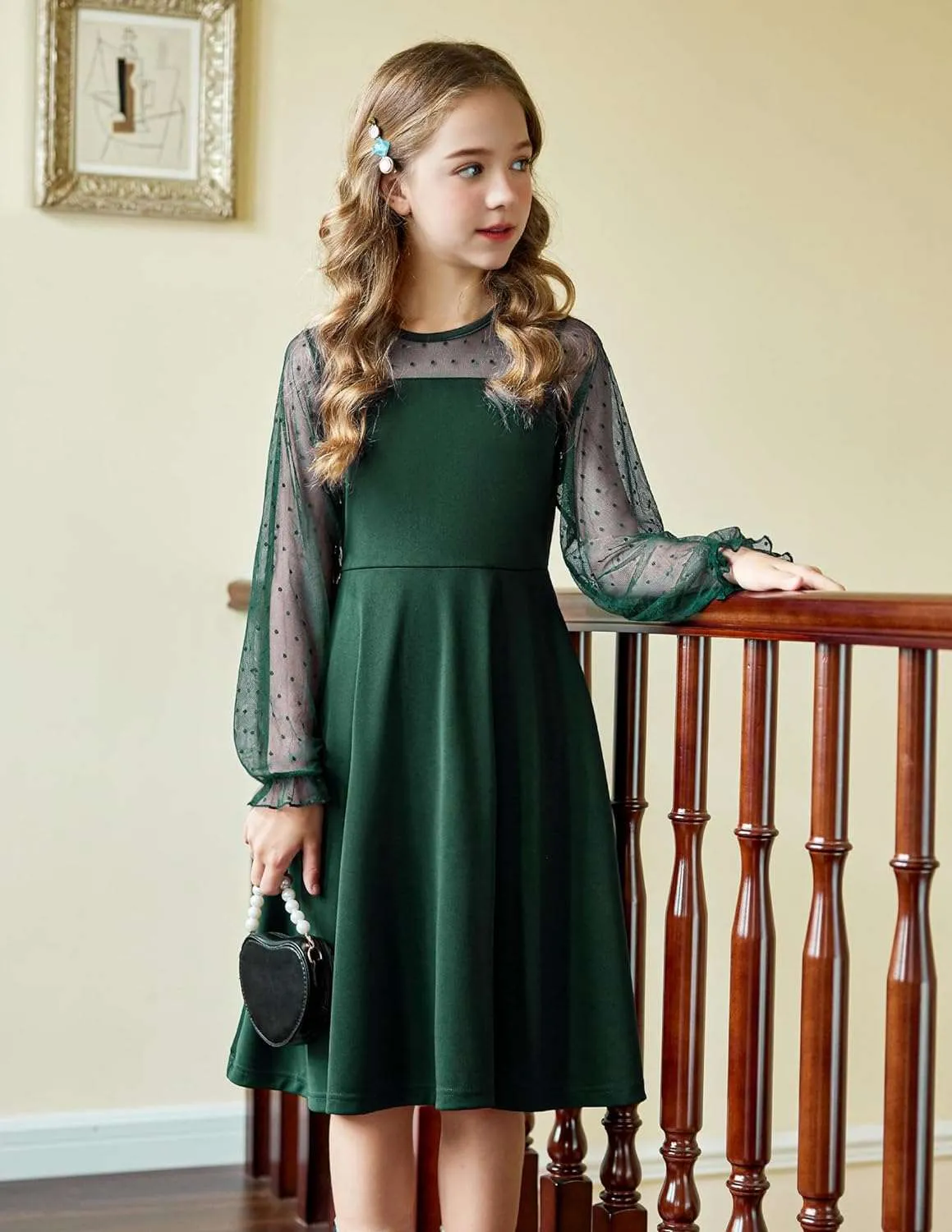 Arshiner Girl's Contrast Mesh Puff Long Sleeve High Waist A Line Short Dress with Pockets for 6-13 Years