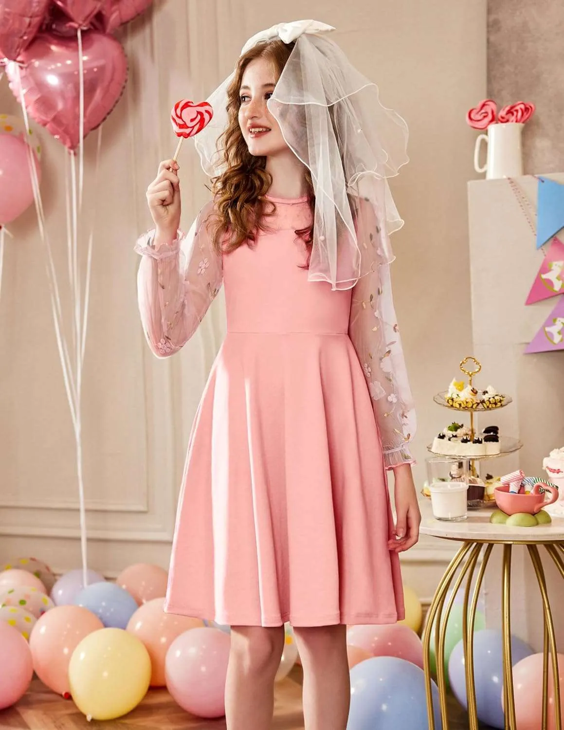 Arshiner Girl's Contrast Mesh Puff Long Sleeve High Waist A Line Short Dress with Pockets for 6-13 Years