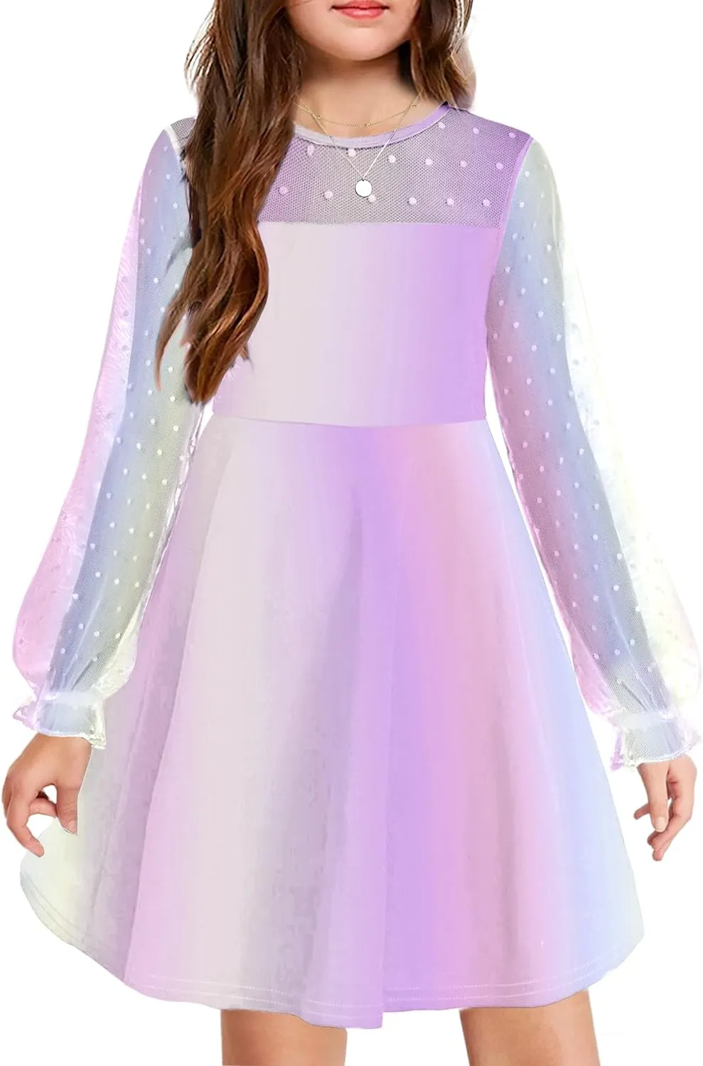 Arshiner Girl's Contrast Mesh Puff Long Sleeve High Waist A Line Short Dress with Pockets for 6-13 Years
