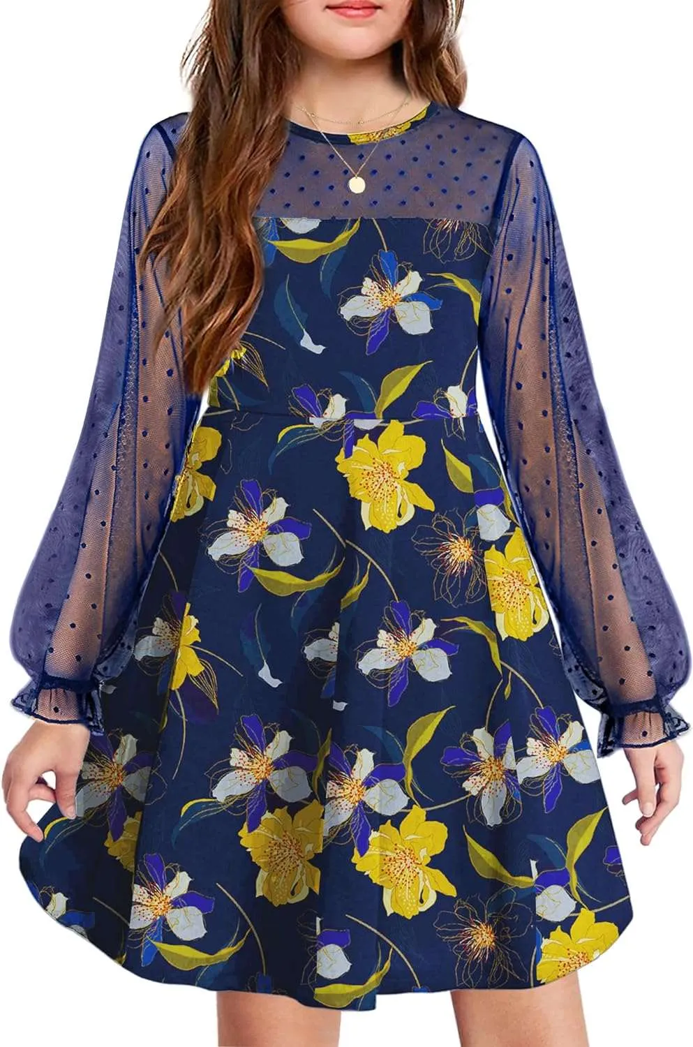 Arshiner Girl's Contrast Mesh Puff Long Sleeve High Waist A Line Short Dress with Pockets for 6-13 Years
