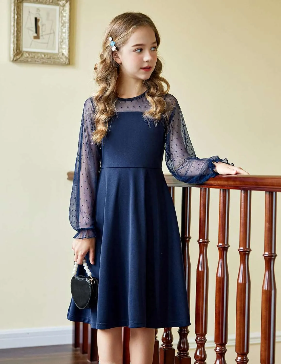 Arshiner Girl's Contrast Mesh Puff Long Sleeve High Waist A Line Short Dress with Pockets for 6-13 Years
