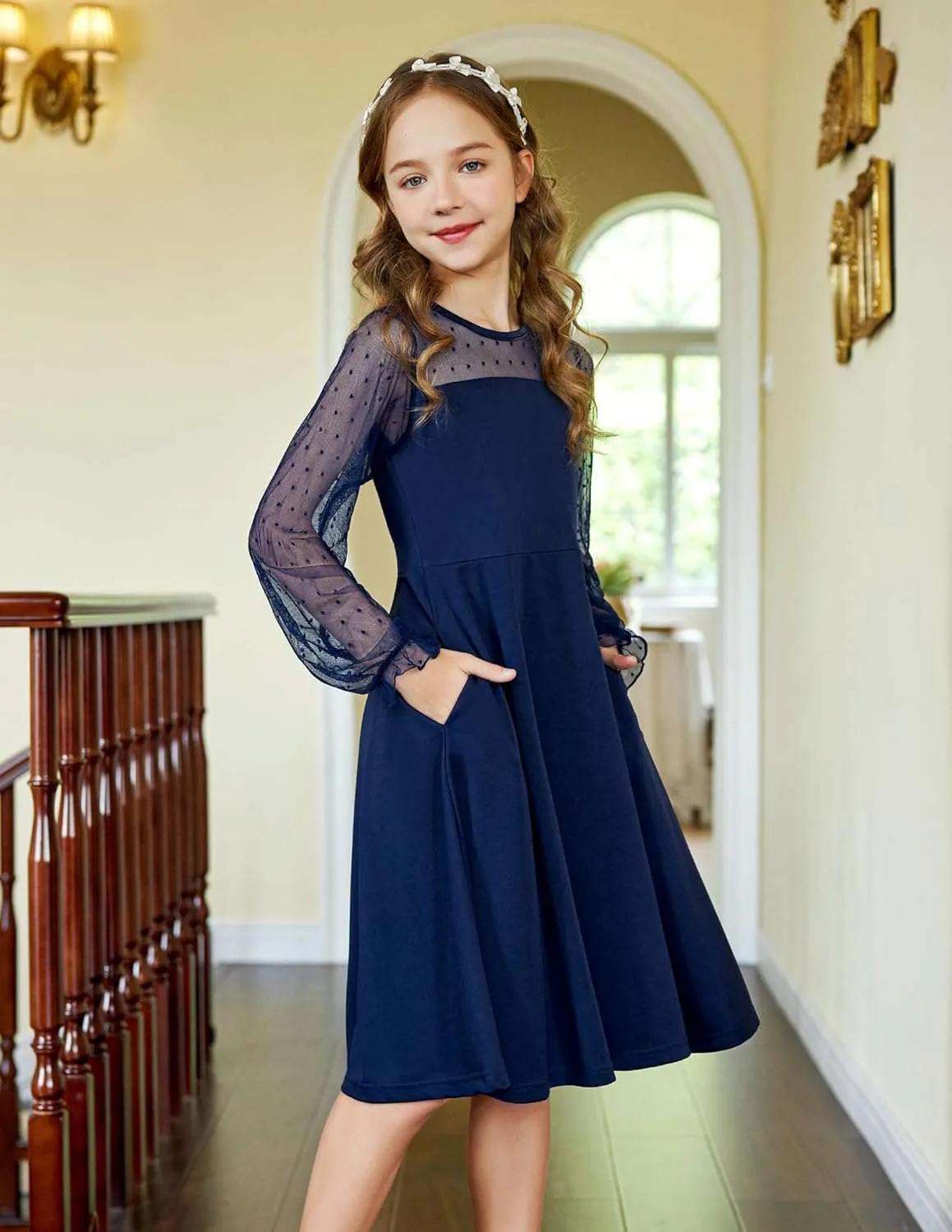 Arshiner Girl's Contrast Mesh Puff Long Sleeve High Waist A Line Short Dress with Pockets for 6-13 Years