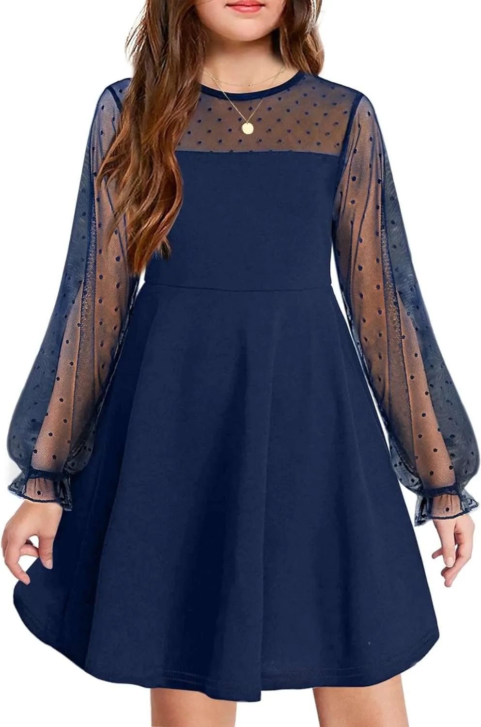 Arshiner Girl's Contrast Mesh Puff Long Sleeve High Waist A Line Short Dress with Pockets for 6-13 Years