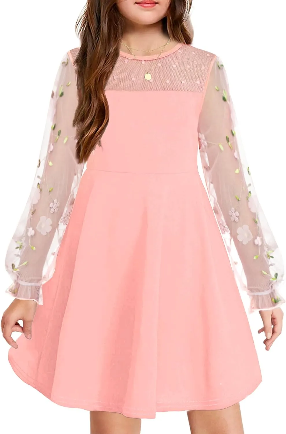 Arshiner Girl's Contrast Mesh Puff Long Sleeve High Waist A Line Short Dress with Pockets for 6-13 Years