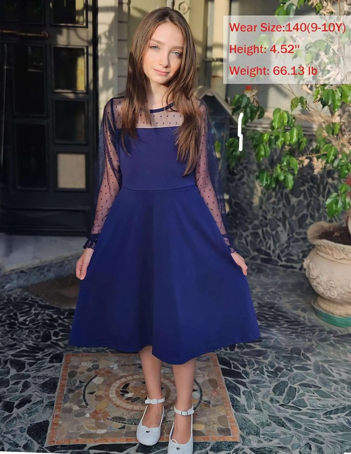 Arshiner Girl's Contrast Mesh Puff Long Sleeve High Waist A Line Short Dress with Pockets for 6-13 Years
