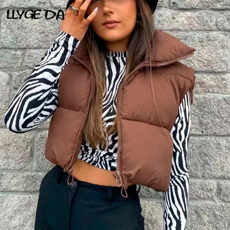 Brown Cropped Sleeveless Down Jacket Vest Coat Female Stand Collar Zipper Waistcoat 2021 Autumn Winter Ladies Casual Outerwear