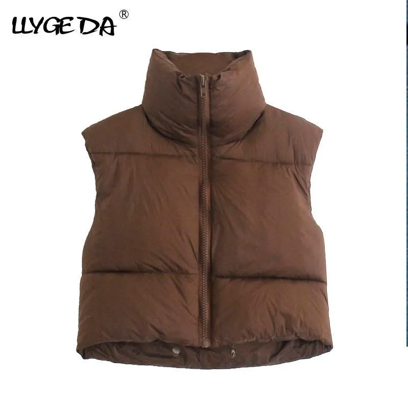 Brown Cropped Sleeveless Down Jacket Vest Coat Female Stand Collar Zipper Waistcoat 2021 Autumn Winter Ladies Casual Outerwear