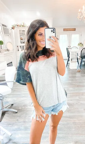 Camo Color Block Knit Top - Grey
