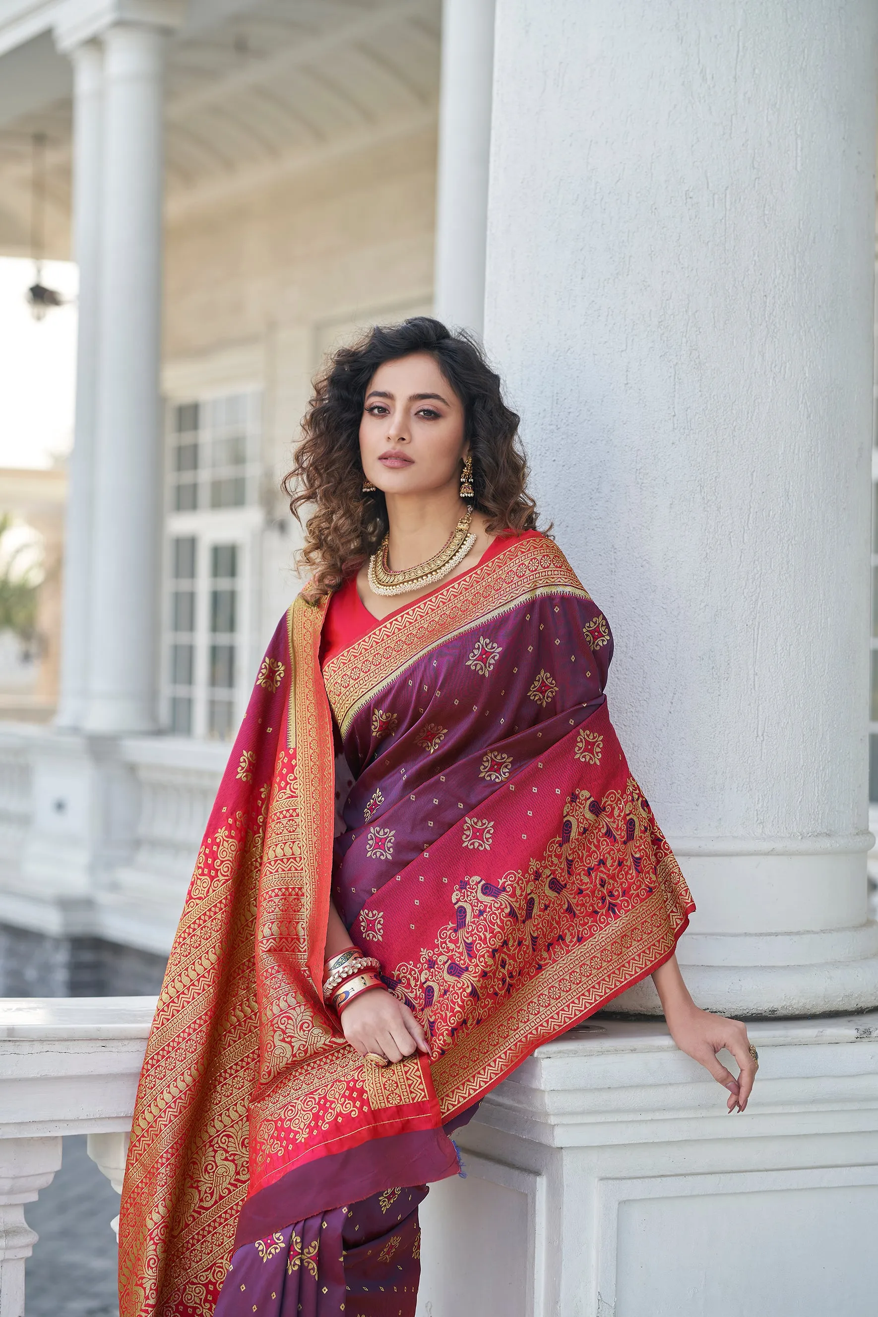 Catching Purple Zari Weaving Soft Banarasi Silk Designer Saree