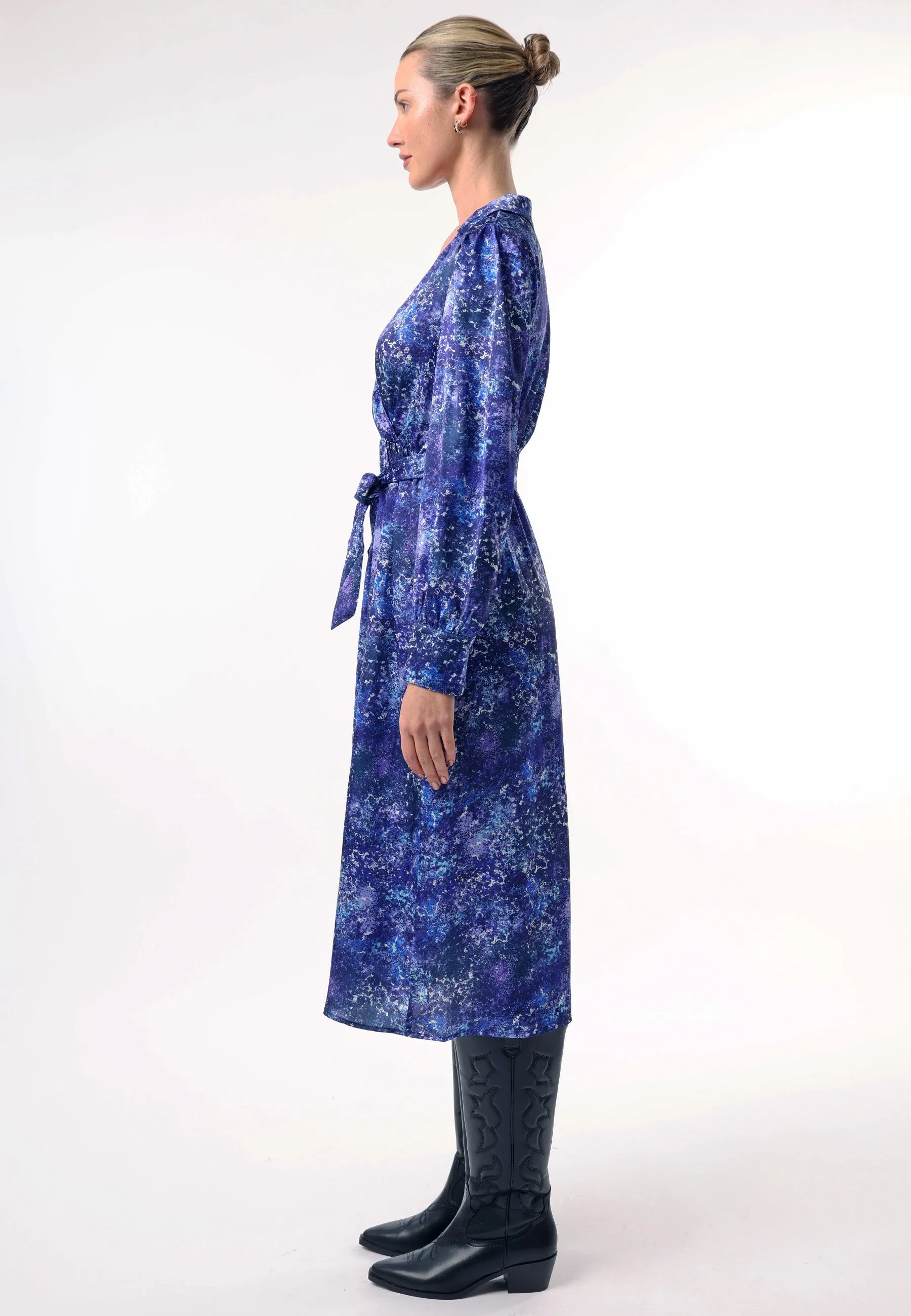 Collared Faux Wrap Midi Dress with Tie Waist in Blue Multi Print