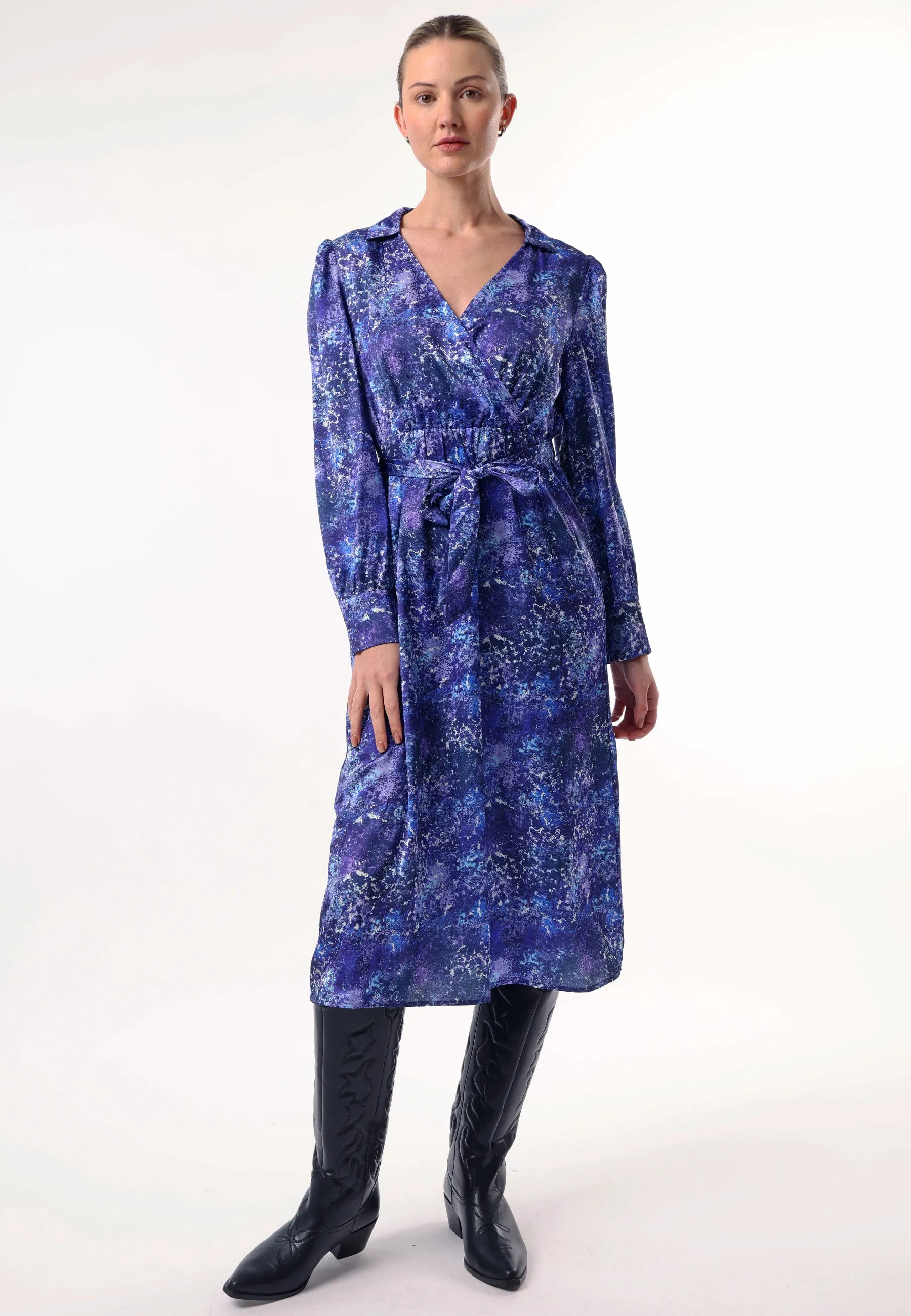 Collared Faux Wrap Midi Dress with Tie Waist in Blue Multi Print