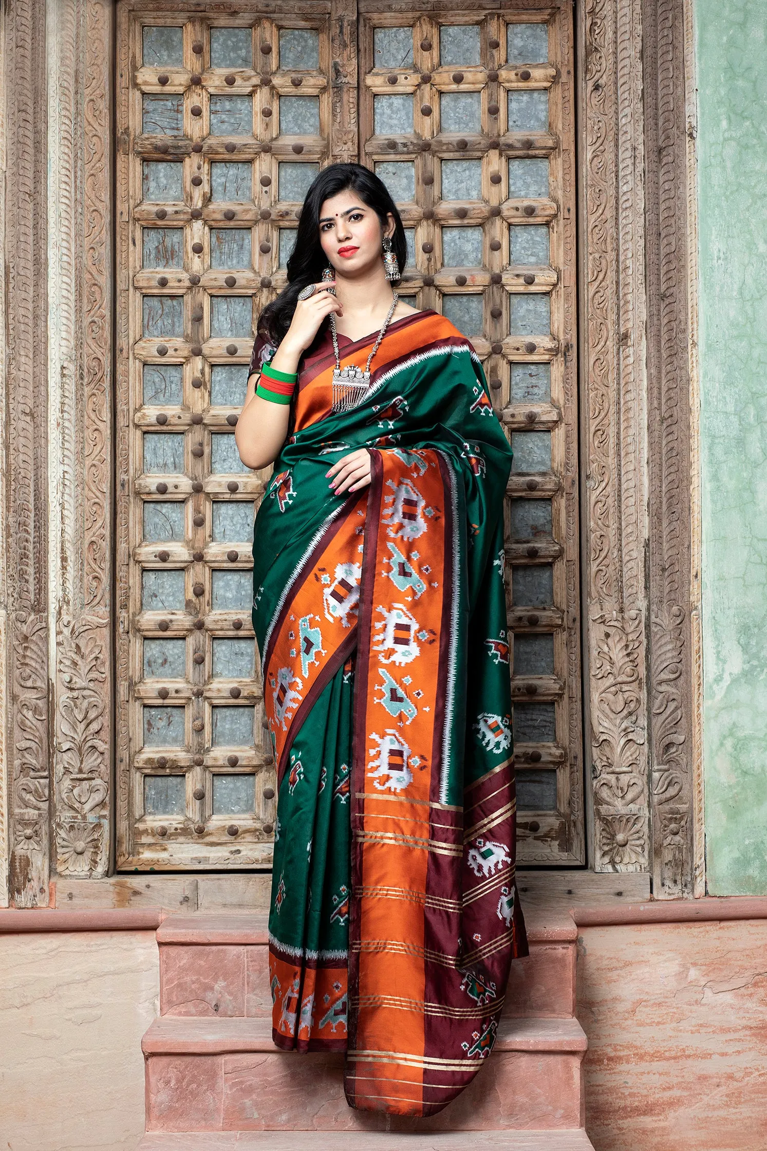 Dark Green Printed Wedding Events Patola Silk Saree