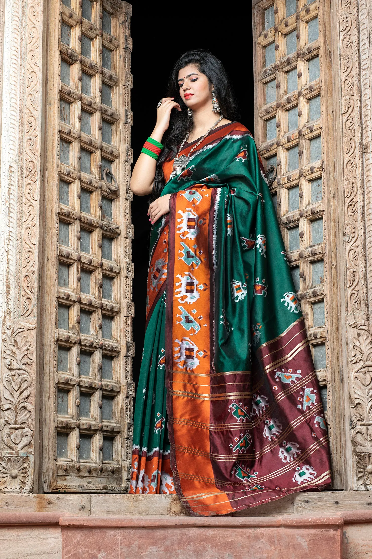 Dark Green Printed Wedding Events Patola Silk Saree