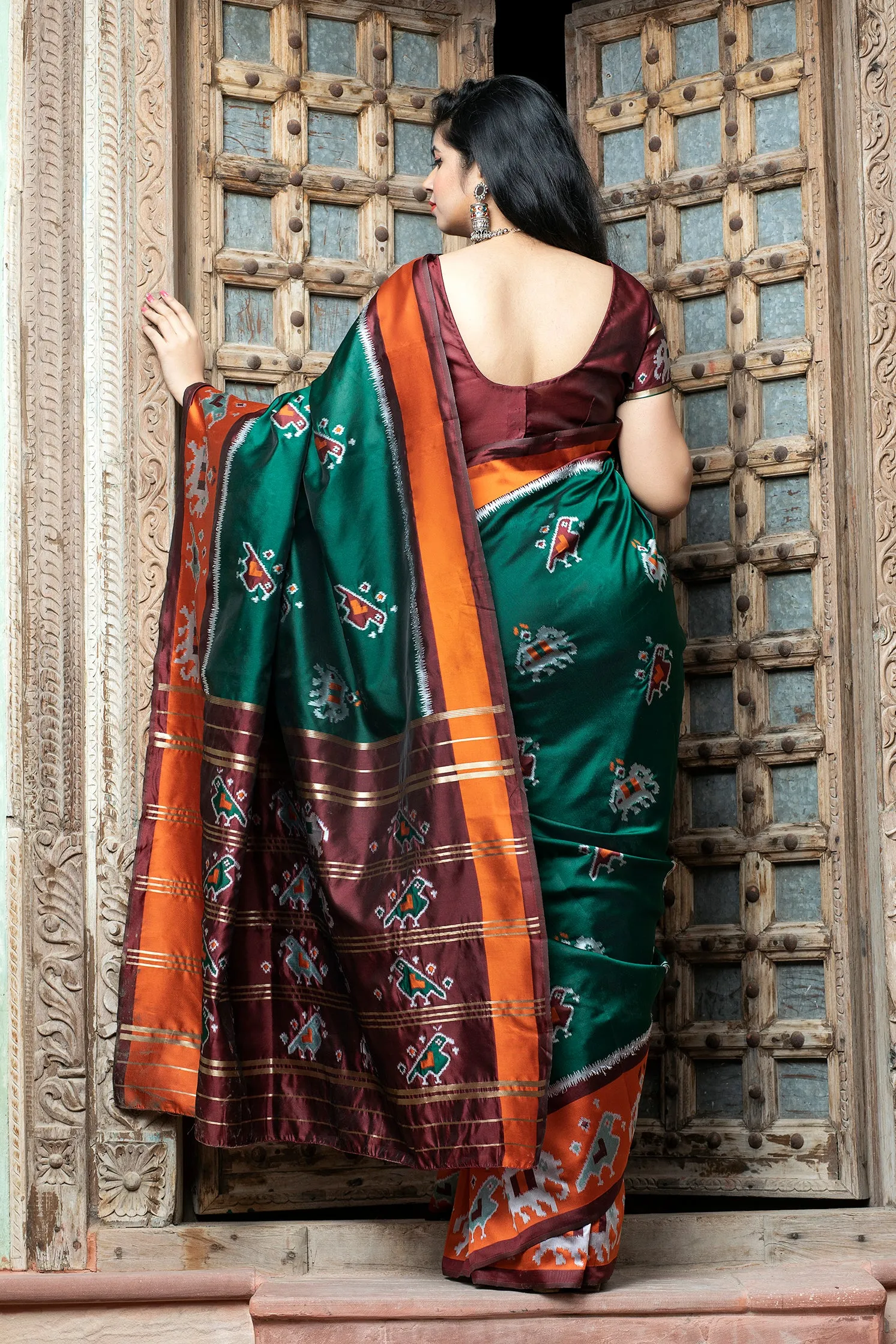 Dark Green Printed Wedding Events Patola Silk Saree