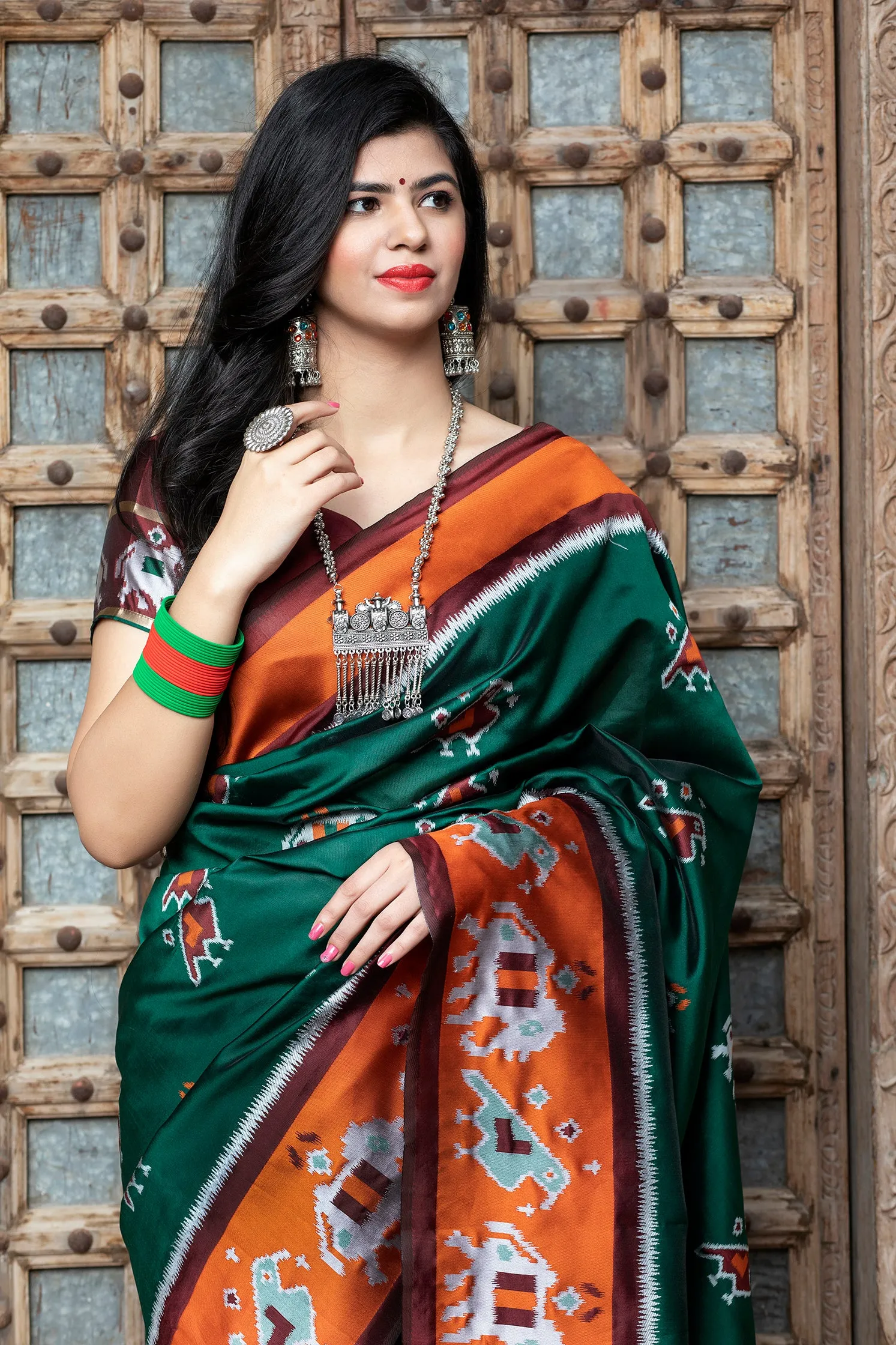 Dark Green Printed Wedding Events Patola Silk Saree