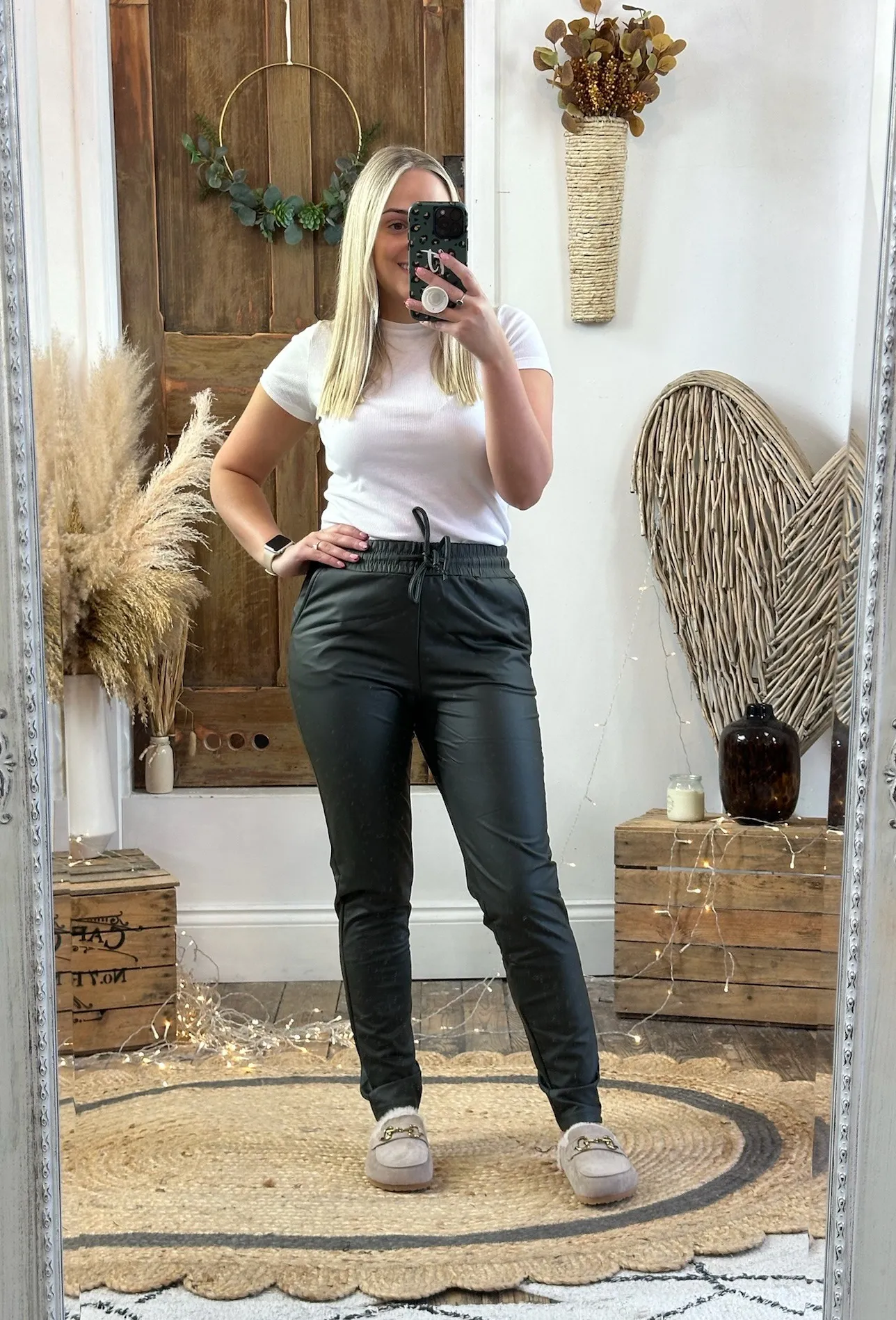 Dark Khaki Macy Leather Look Trousers