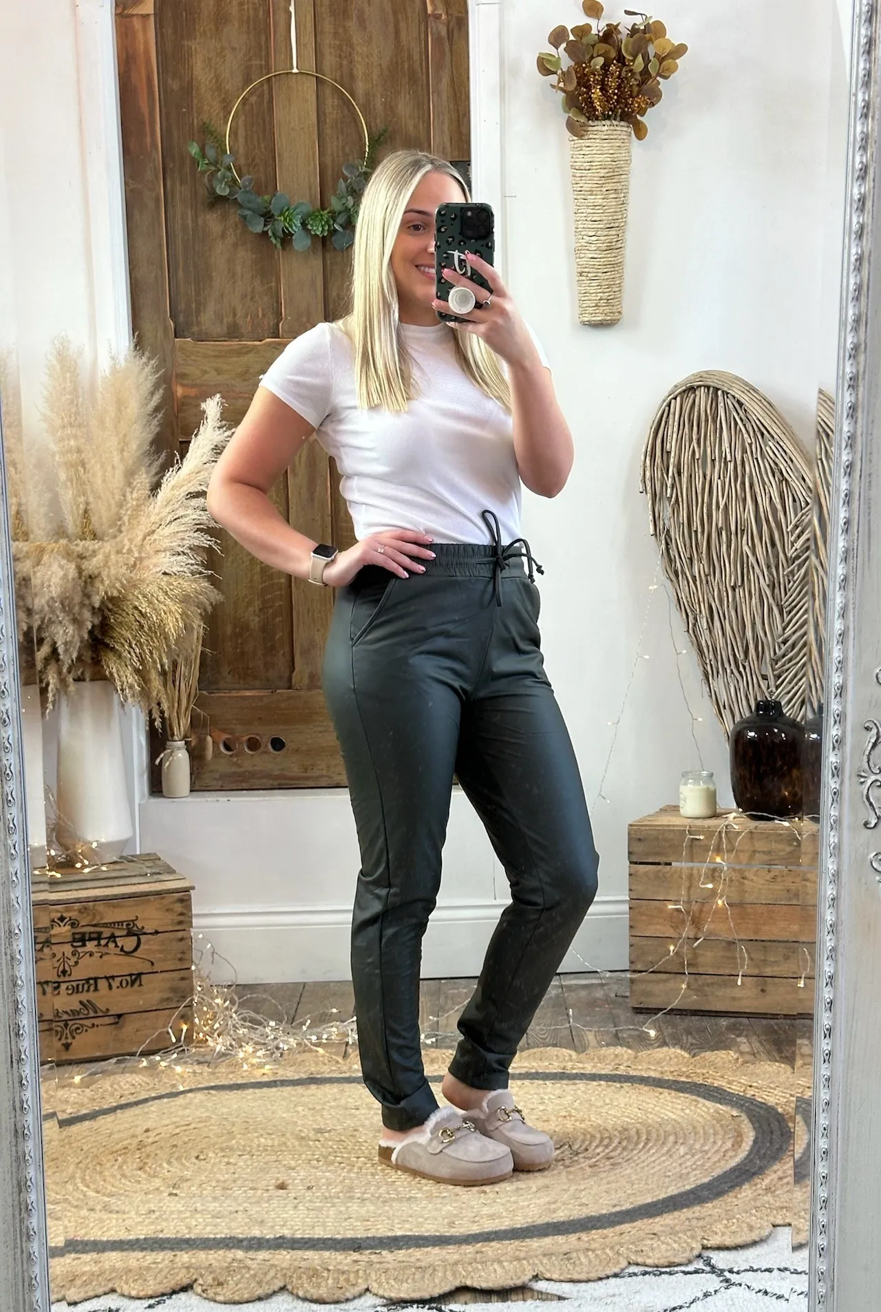 Dark Khaki Macy Leather Look Trousers