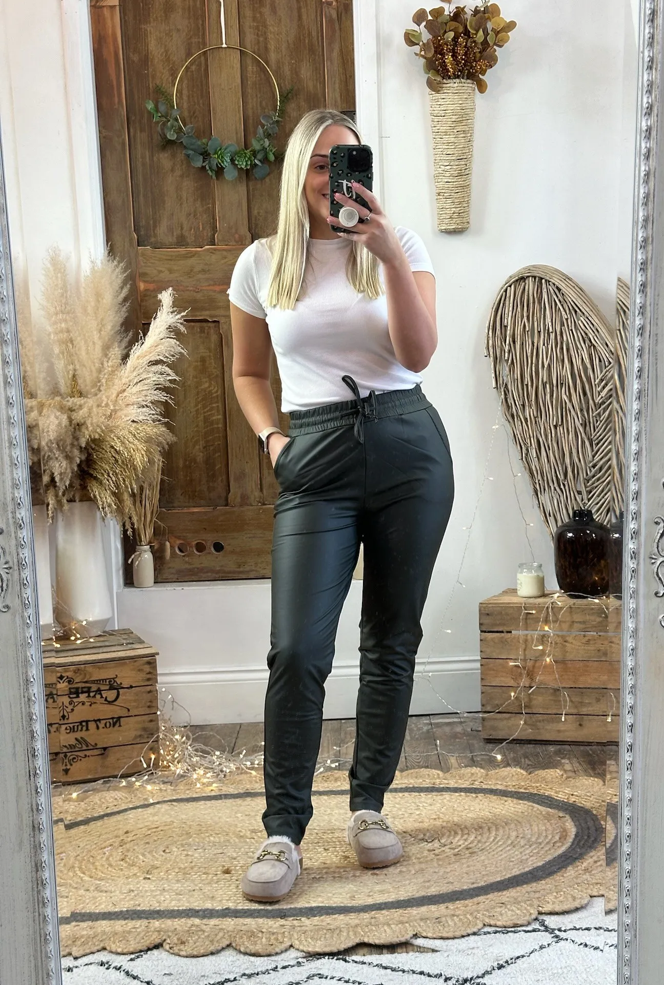 Dark Khaki Macy Leather Look Trousers