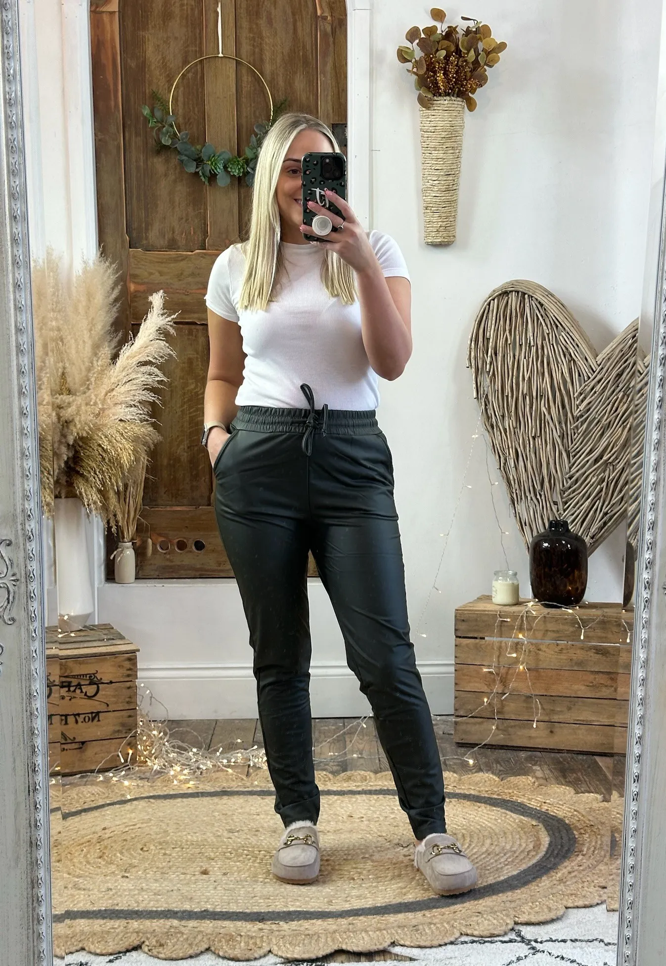 Dark Khaki Macy Leather Look Trousers