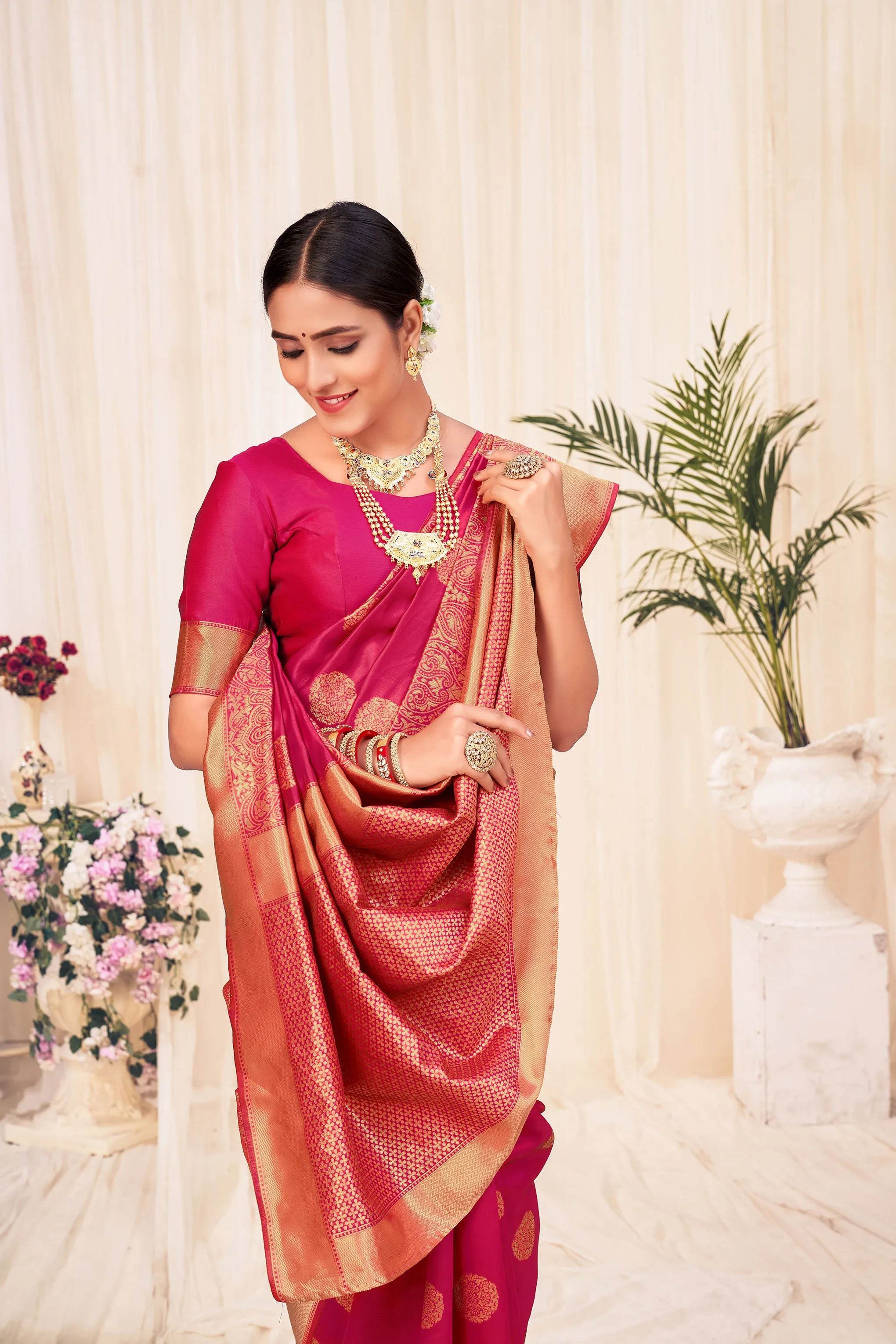 Dark Pink Festive Wear Woven Banarasi Silk Saree