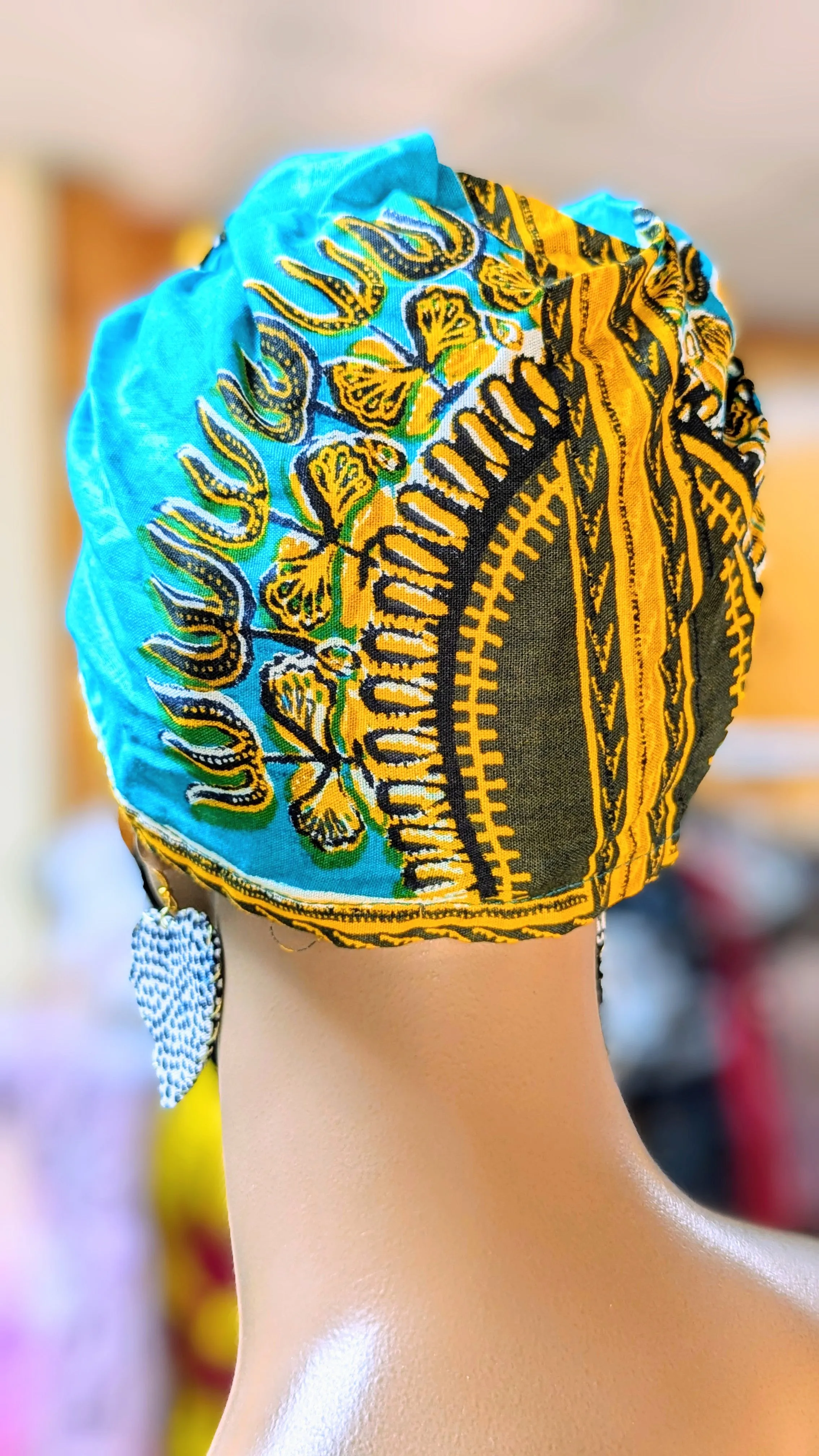 Dupsie's Akira Turquoise-Blue Cotton Dashiki Print Pre-Tied Head Wrap Hat DP3769PT8