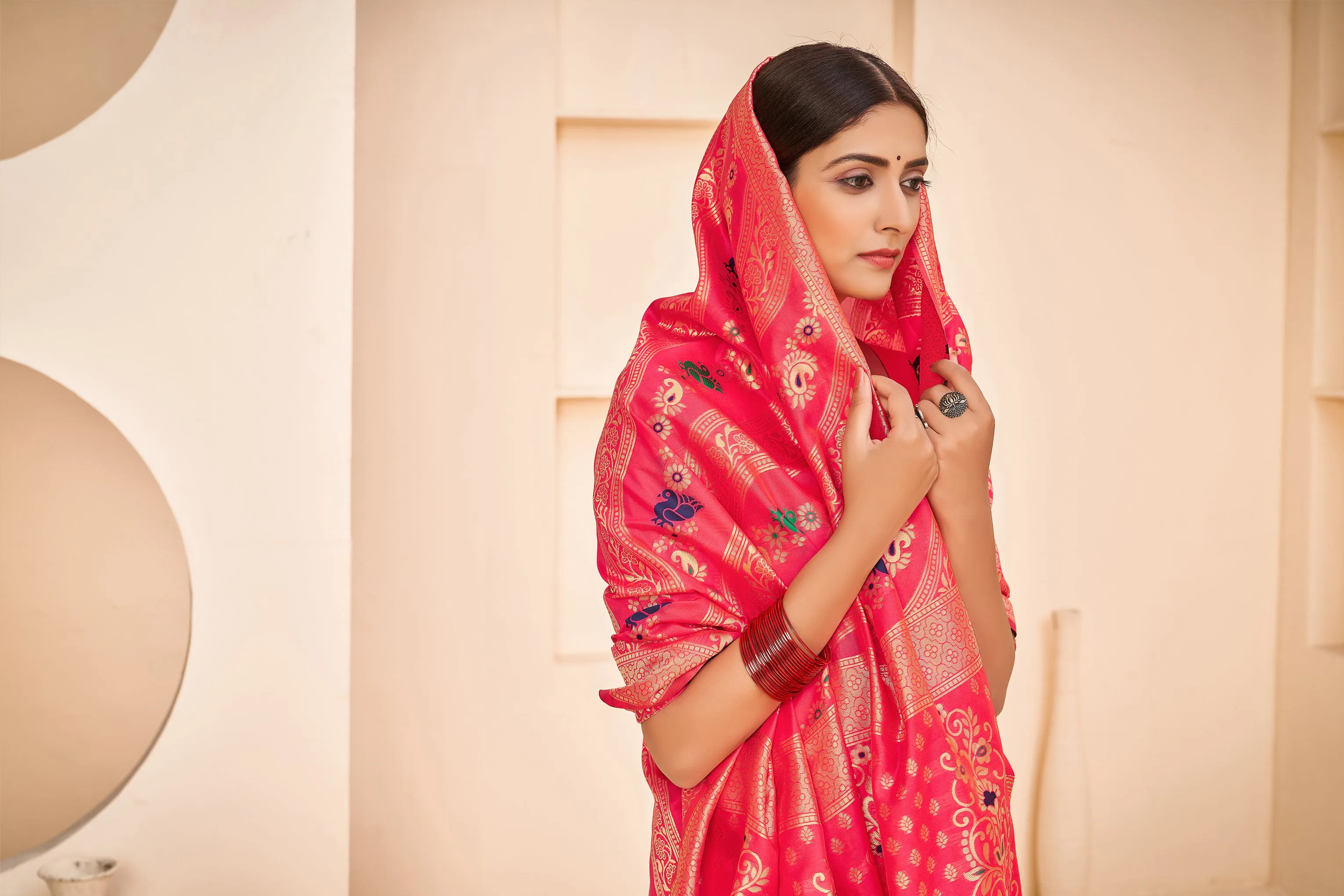 Enthralling Pink Color Banarasi Silk Base Silk Weave Saree