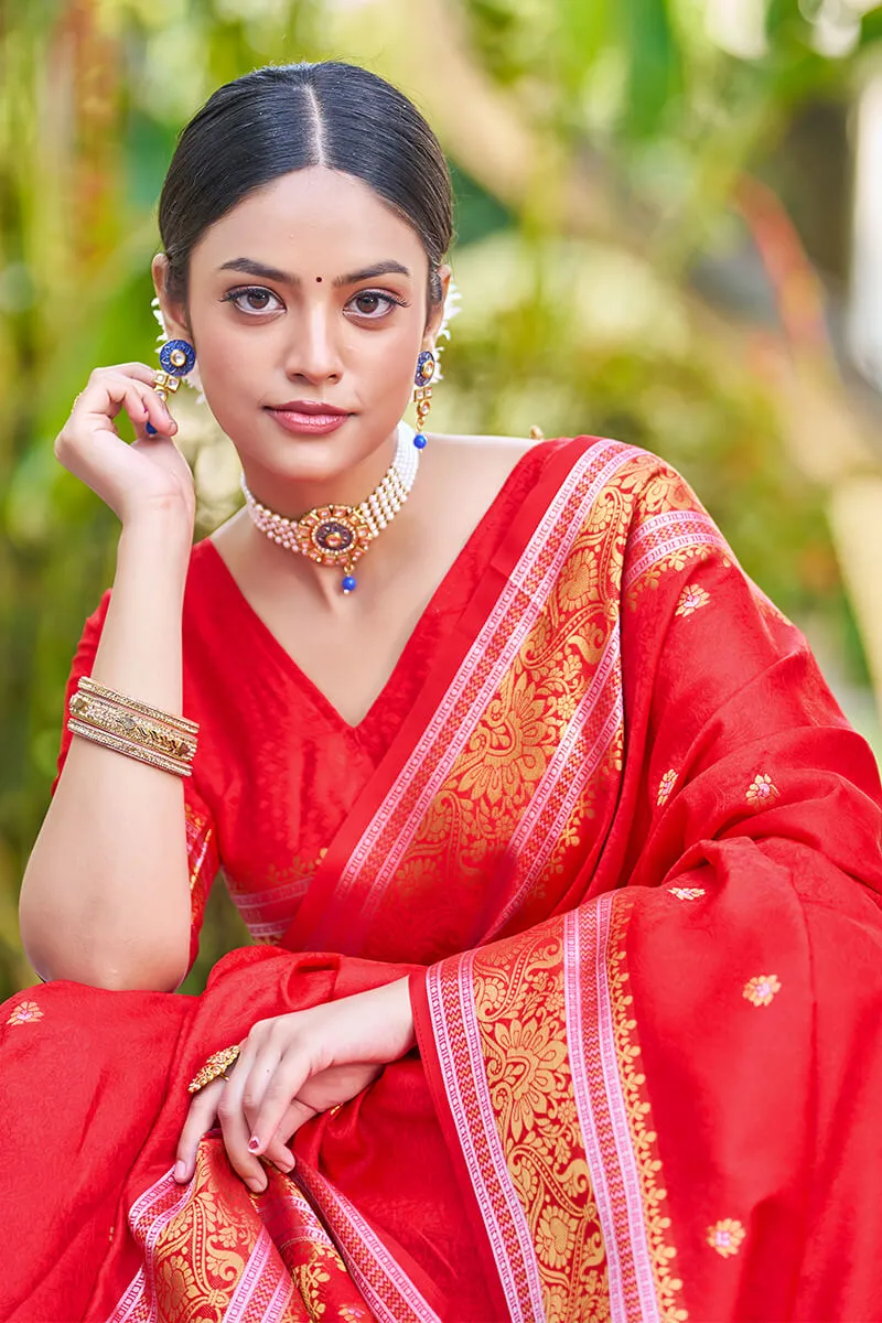 Ethnic Red Kanjivaram Silk Saree With Confounding Blouse Piece