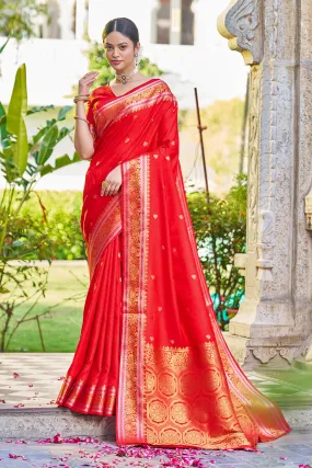 Ethnic Red Kanjivaram Silk Saree With Confounding Blouse Piece