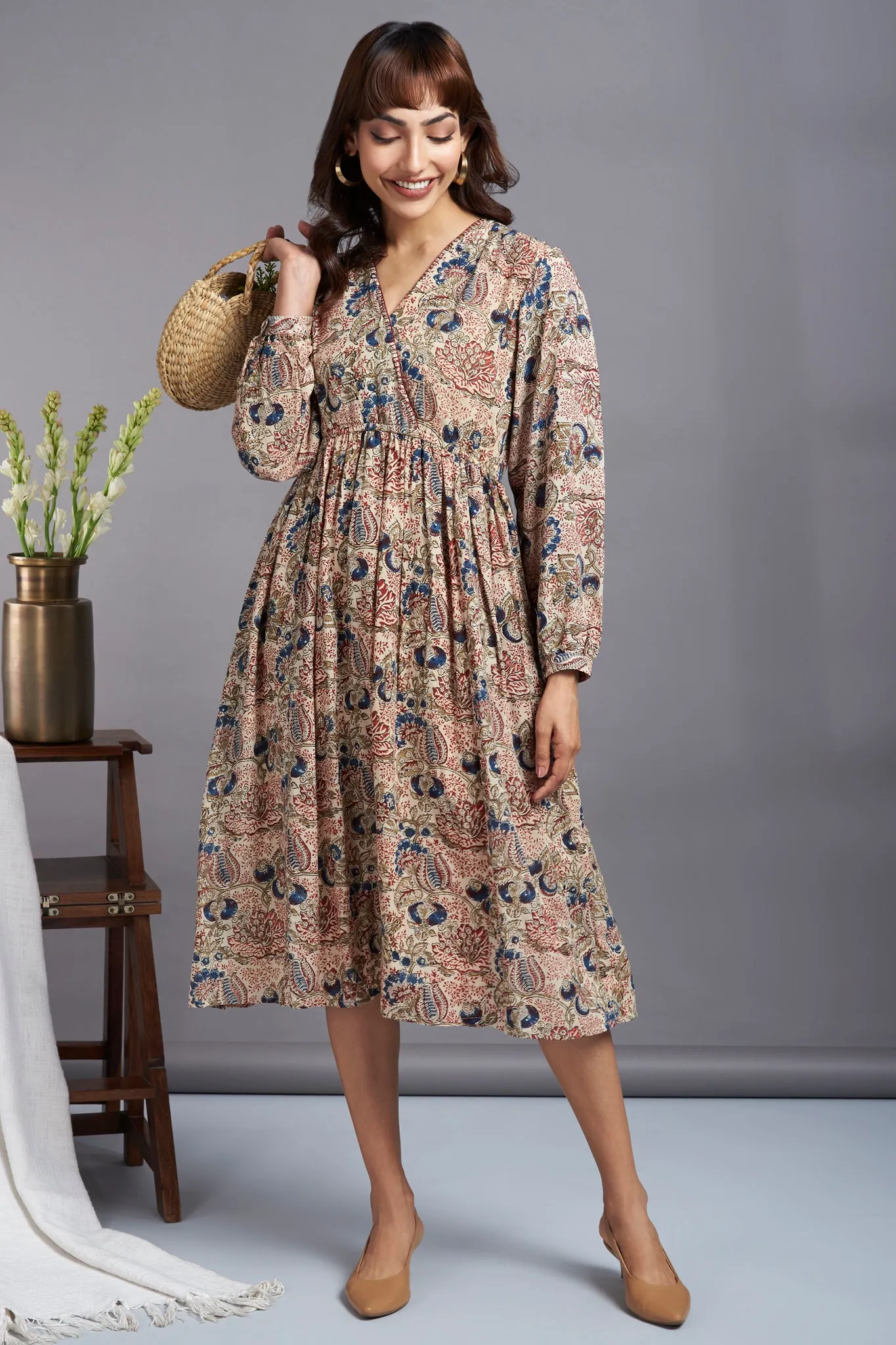 exotic botanic - kalamkari modal wrap dress with bucket stitch details
