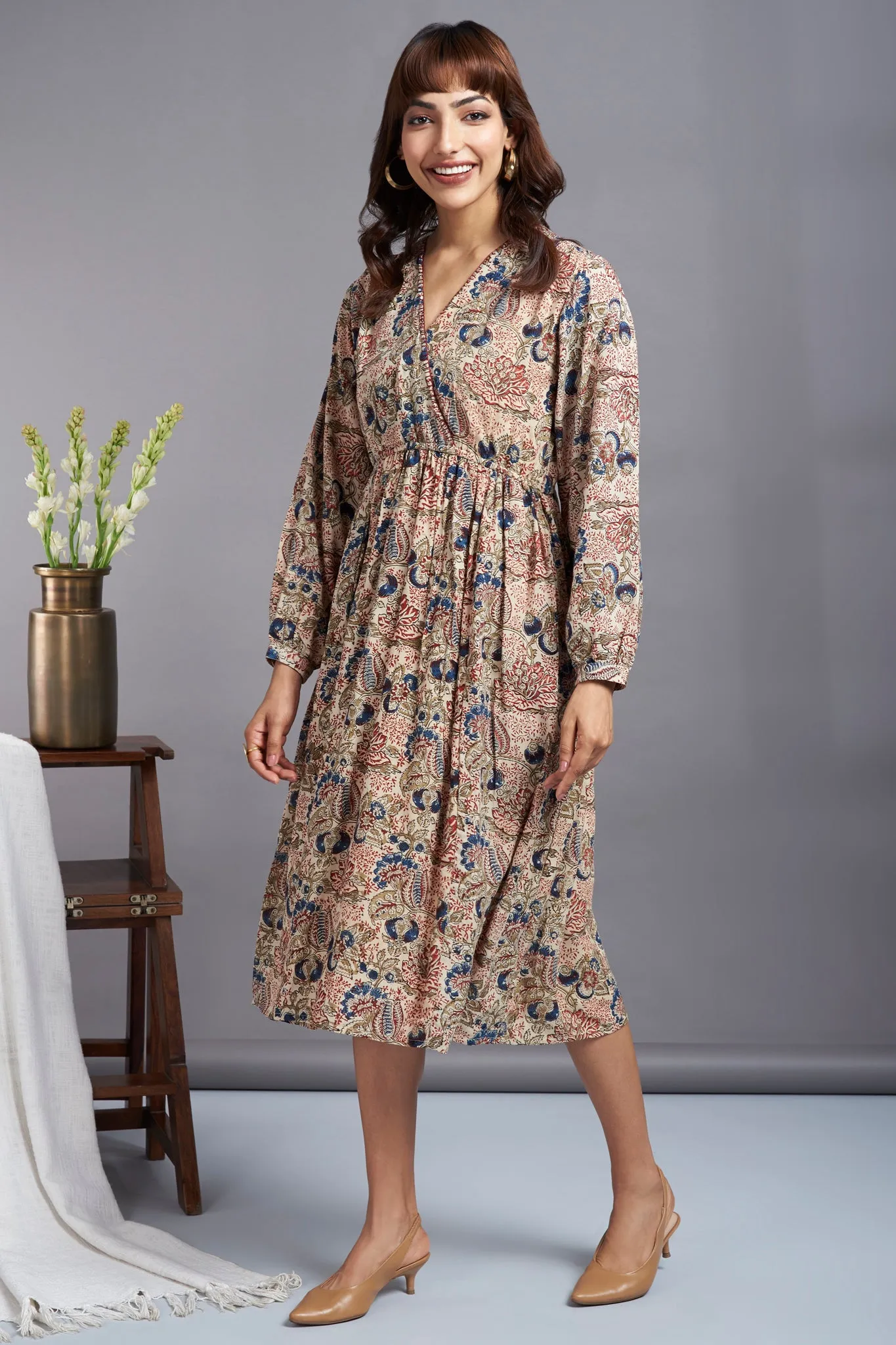 exotic botanic - kalamkari modal wrap dress with bucket stitch details