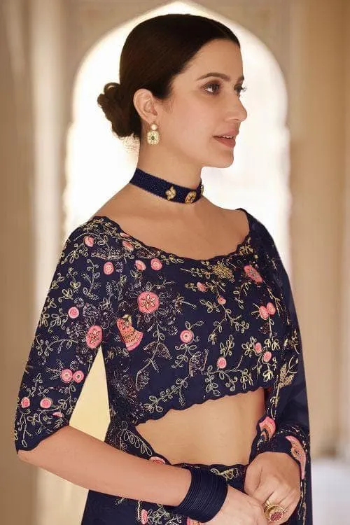 French Navy Blue Organza Designer Saree