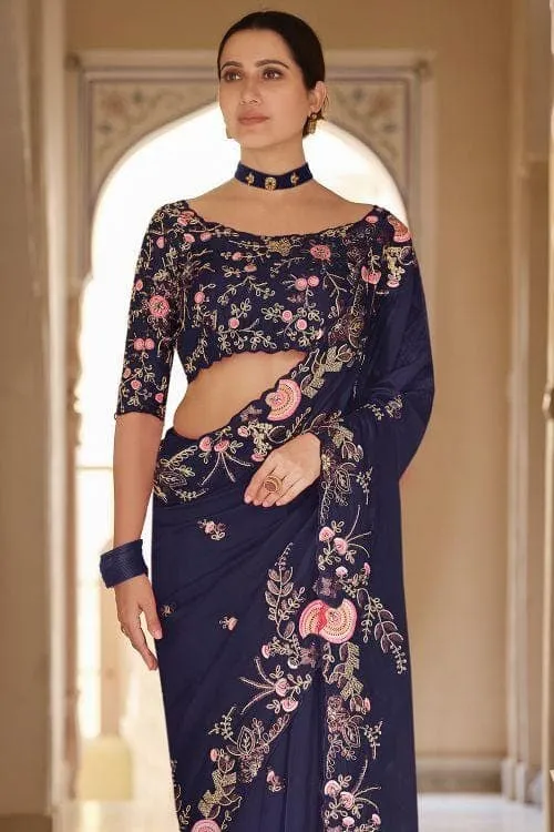 French Navy Blue Organza Designer Saree