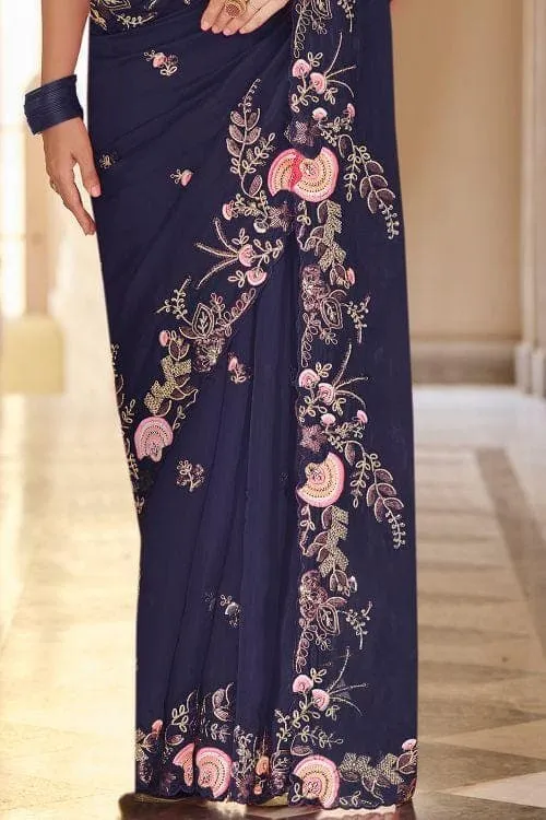 French Navy Blue Organza Designer Saree