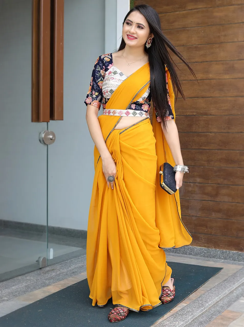 Glamourous Yellow Color Saree With Stitched Blouse