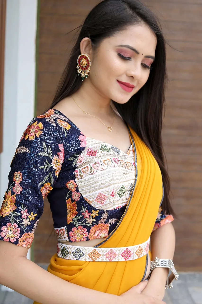 Glamourous Yellow Color Saree With Stitched Blouse