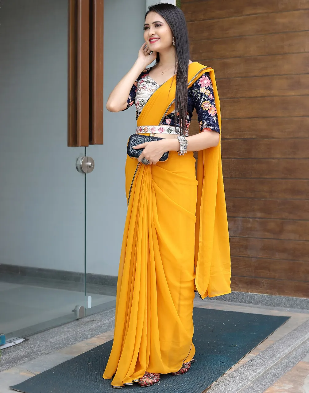 Glamourous Yellow Color Saree With Stitched Blouse