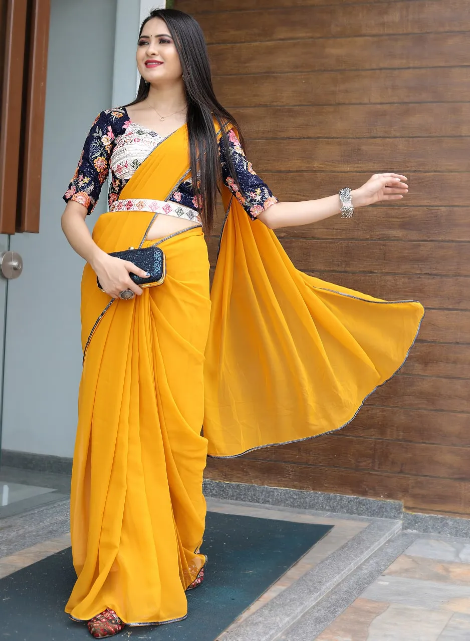 Glamourous Yellow Color Saree With Stitched Blouse