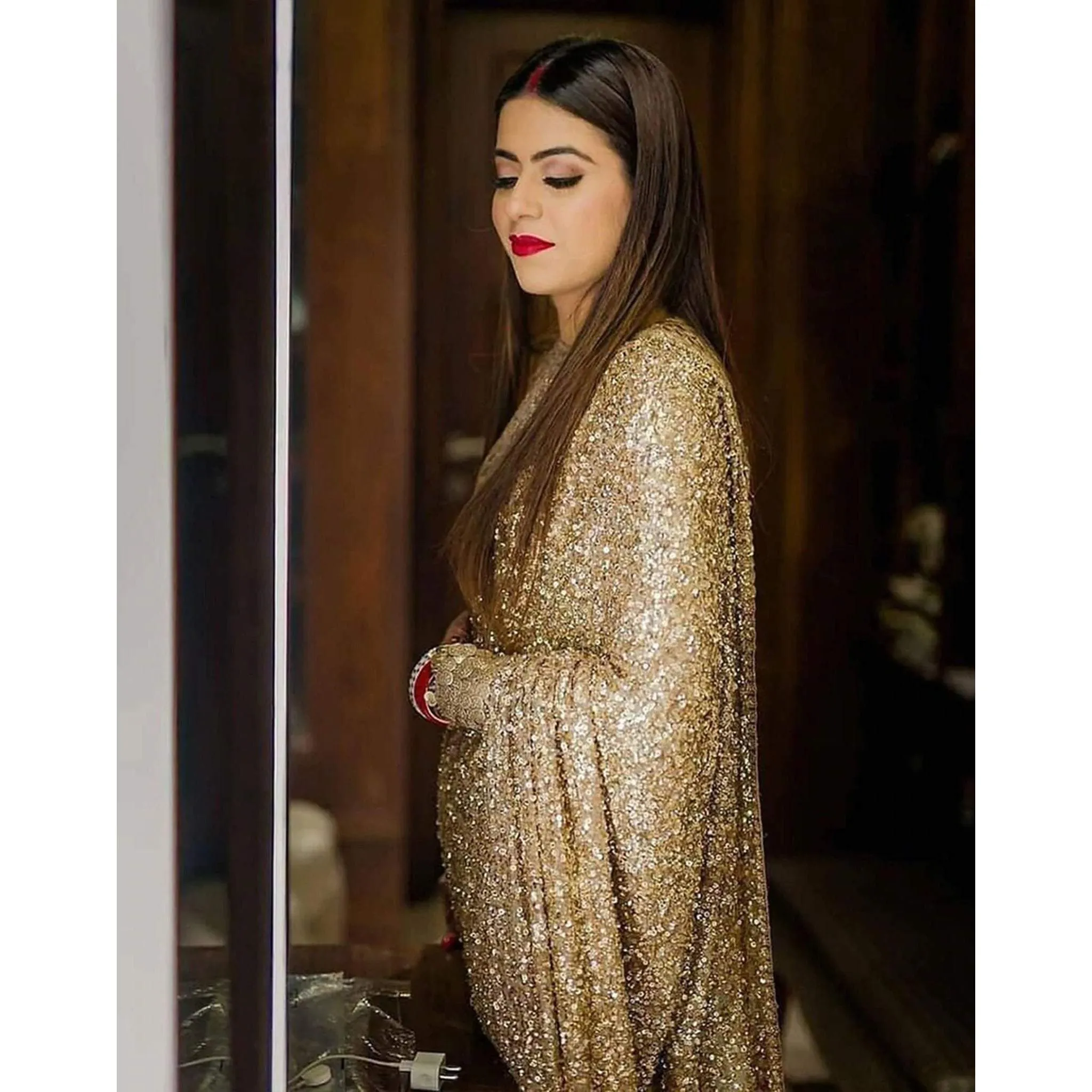 Gold Color Shimmer Party Wear Glitter Sequence Saree for Wedding