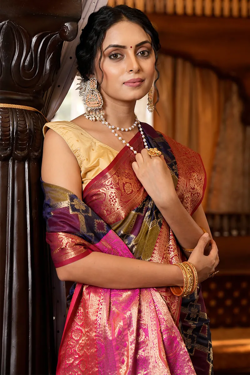 Gorgeous Navy Blue Organza Silk Saree With Wonderful Amazing Piece